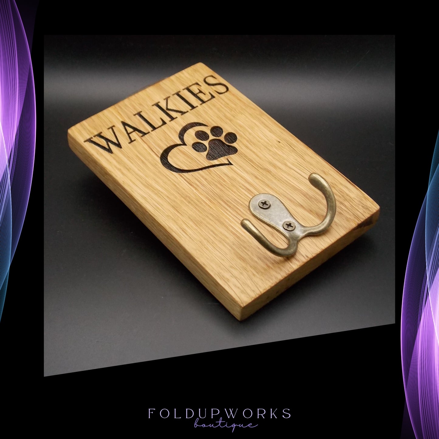 Personalised Handmade Oak Dog Lead Holder – Laser Engraved, Custom Text, Ready to Hang, Double Hook for Multiple Leads – 15x10cm (5.9"x3.9")
