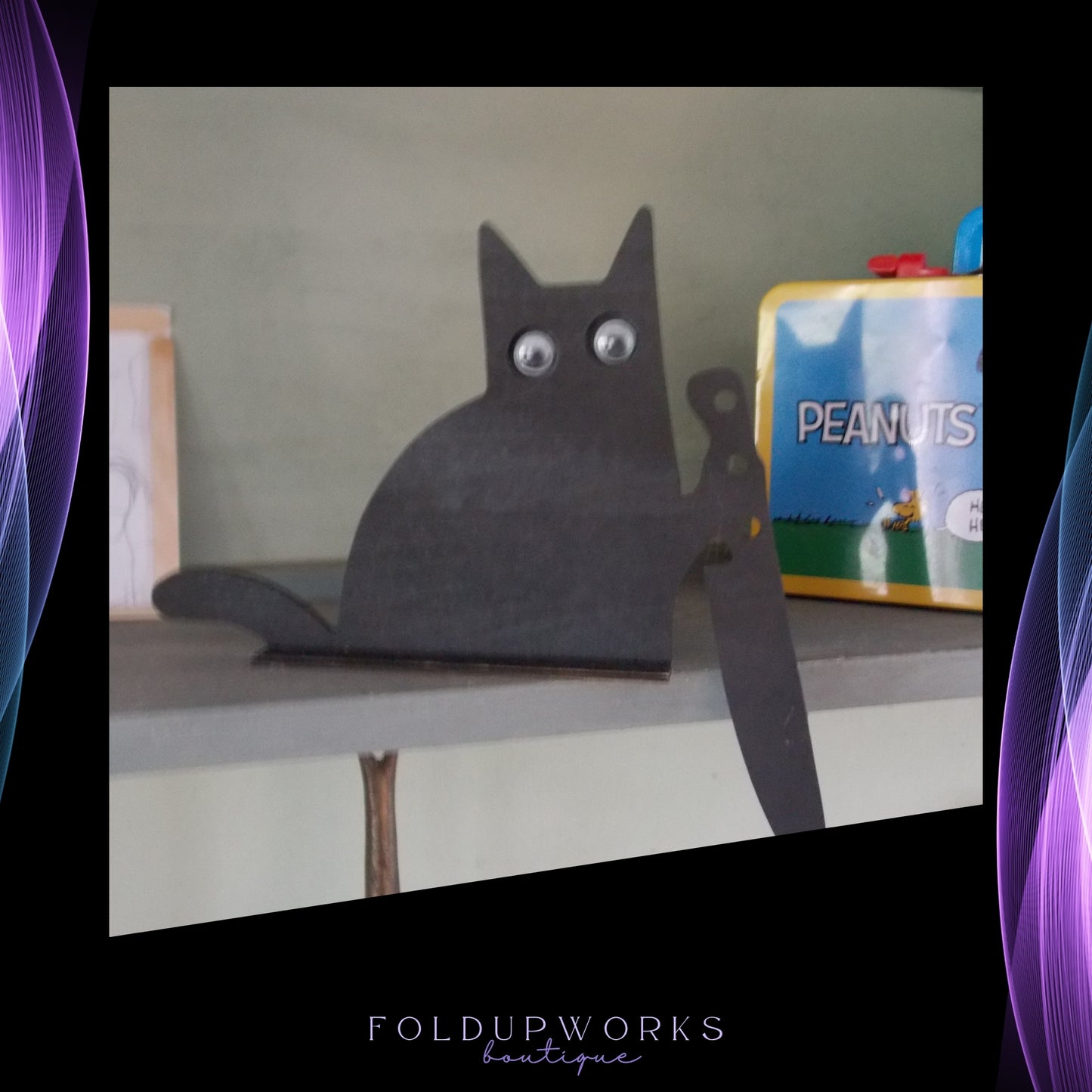 Playful Knife Cat Shelf Sitter – Gothic Wood Cat Decor – Black Cat Halloween Decoration – Spooky Home Accent - Glow in the Dark Eyes