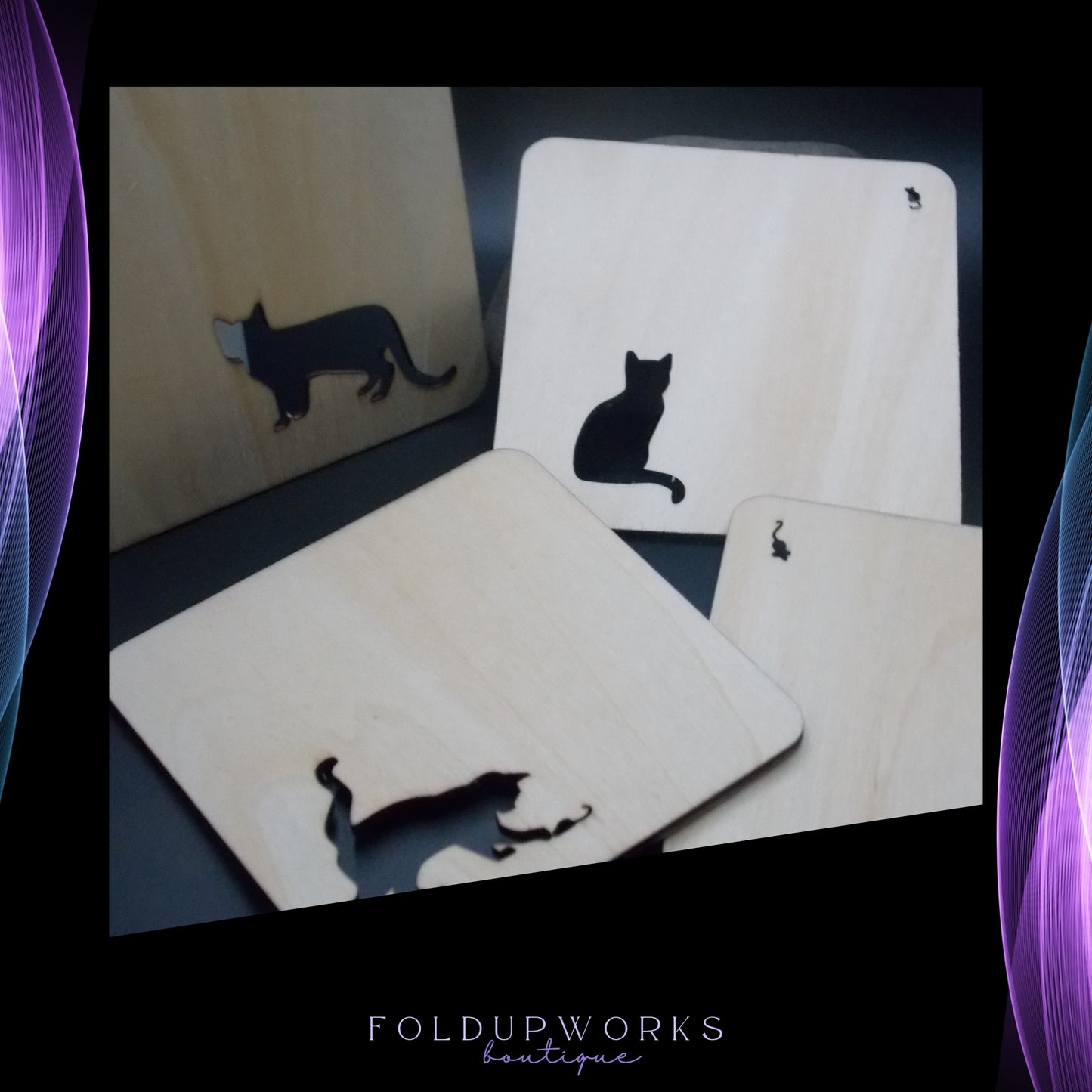 Set of 4 Wooden Coasters with Cute Cat and Mouse Silhouettes – Feline Lover Gift – Rustic Home Decor