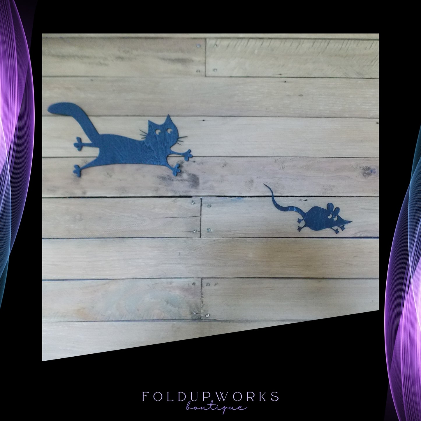 Whimsical Cat & Mouse Wall Art – Black Plywood Cutout Set | Cat Chasing Mouse into Hole | Fun Home Decor | Self-Paint Option Available