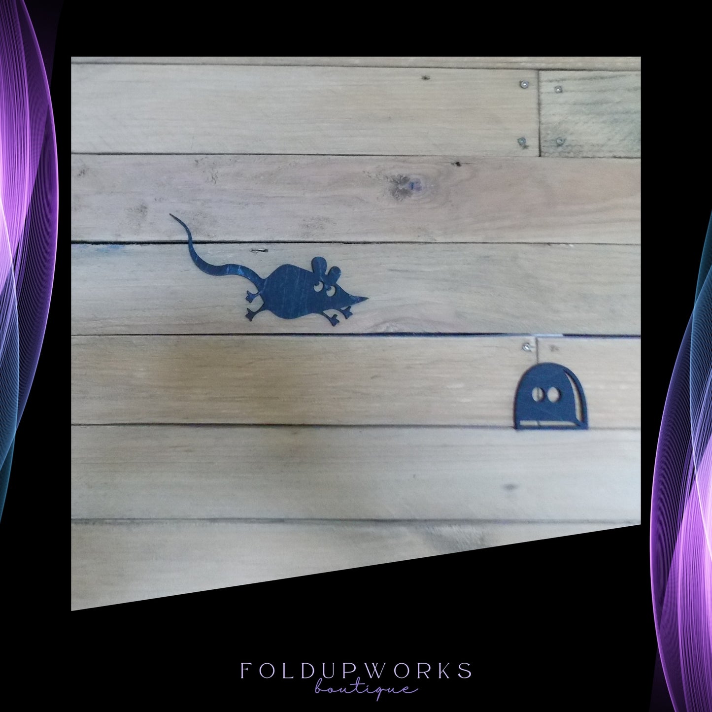 Whimsical Cat & Mouse Wall Art – Black Plywood Cutout Set | Cat Chasing Mouse into Hole | Fun Home Decor | Self-Paint Option Available
