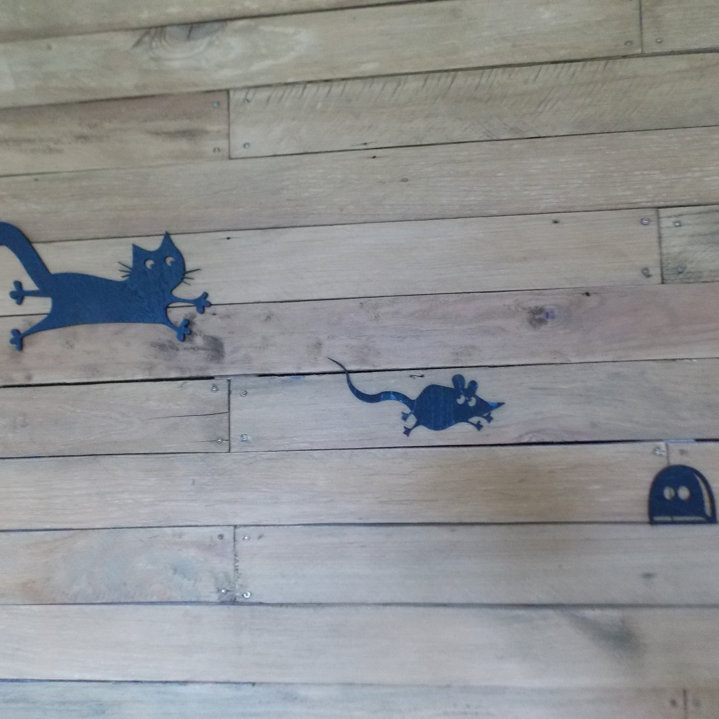 Whimsical Cat & Mouse Wall Art – Black Plywood Cutout Set | Cat Chasing Mouse into Hole | Fun Home Decor | Self-Paint Option Available