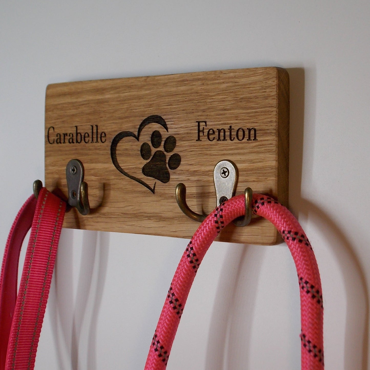 Double Personalised Oak Dog Lead Holder: Engraved Wall Mount with Antique Brass Hooks