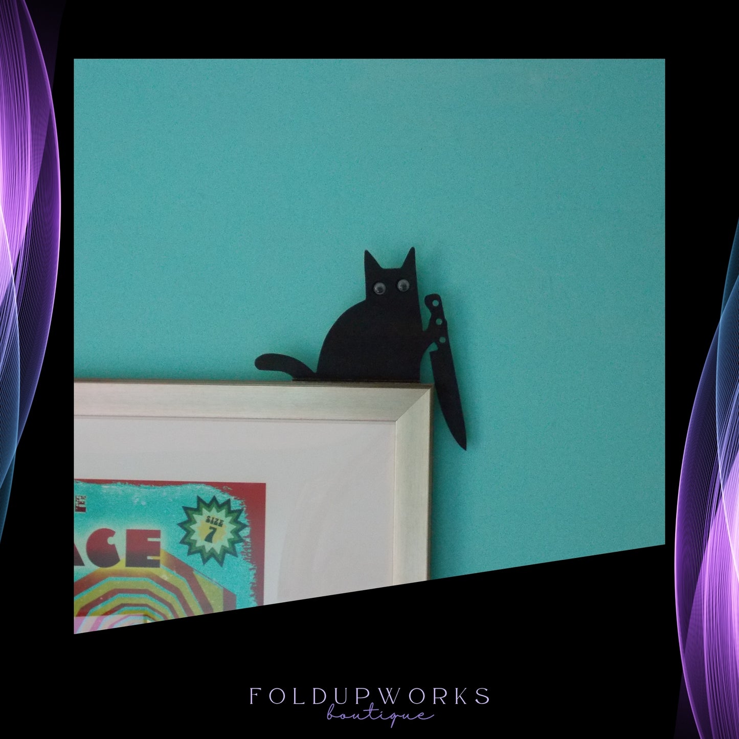 Playful Knife Cat Shelf Sitter – Gothic Wood Cat Decor – Black Cat Halloween Decoration – Spooky Home Accent - Glow in the Dark Eyes