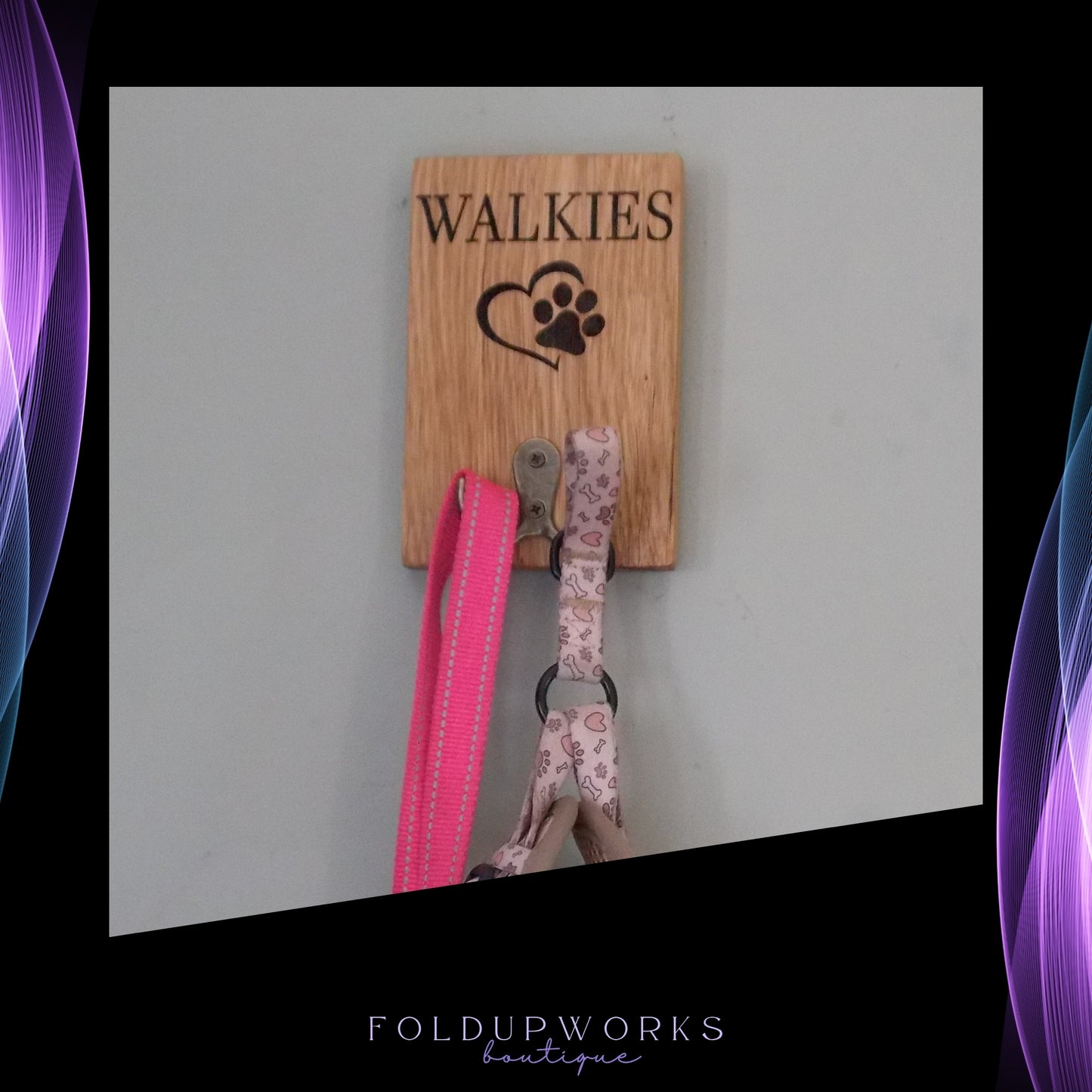 Personalised Handmade Oak Dog Lead Holder – Laser Engraved, Custom Text, Ready to Hang, Double Hook for Multiple Leads – 15x10cm (5.9"x3.9")
