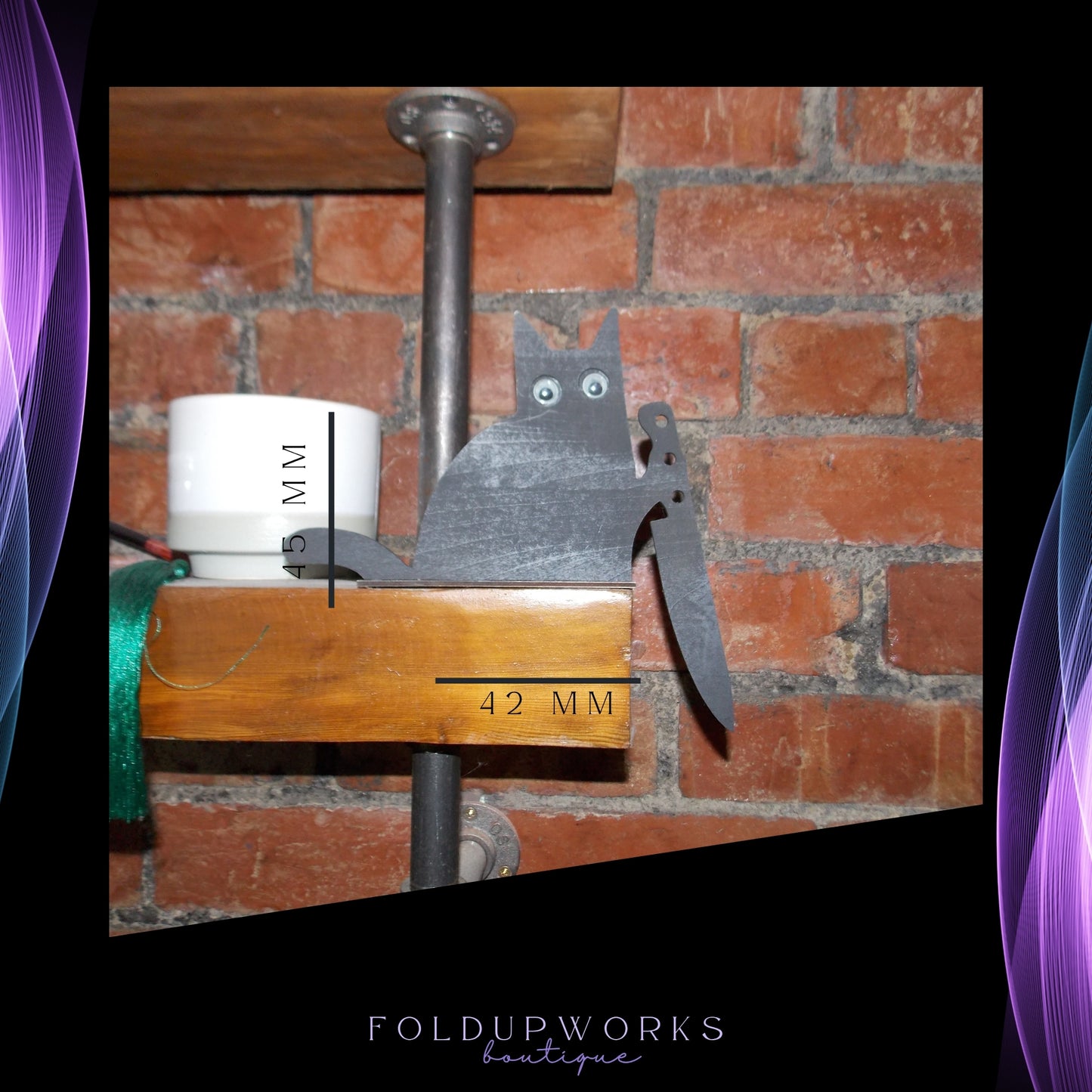 Playful Knife Cat Shelf Sitter – Gothic Wood Cat Decor – Black Cat Halloween Decoration – Spooky Home Accent - Glow in the Dark Eyes