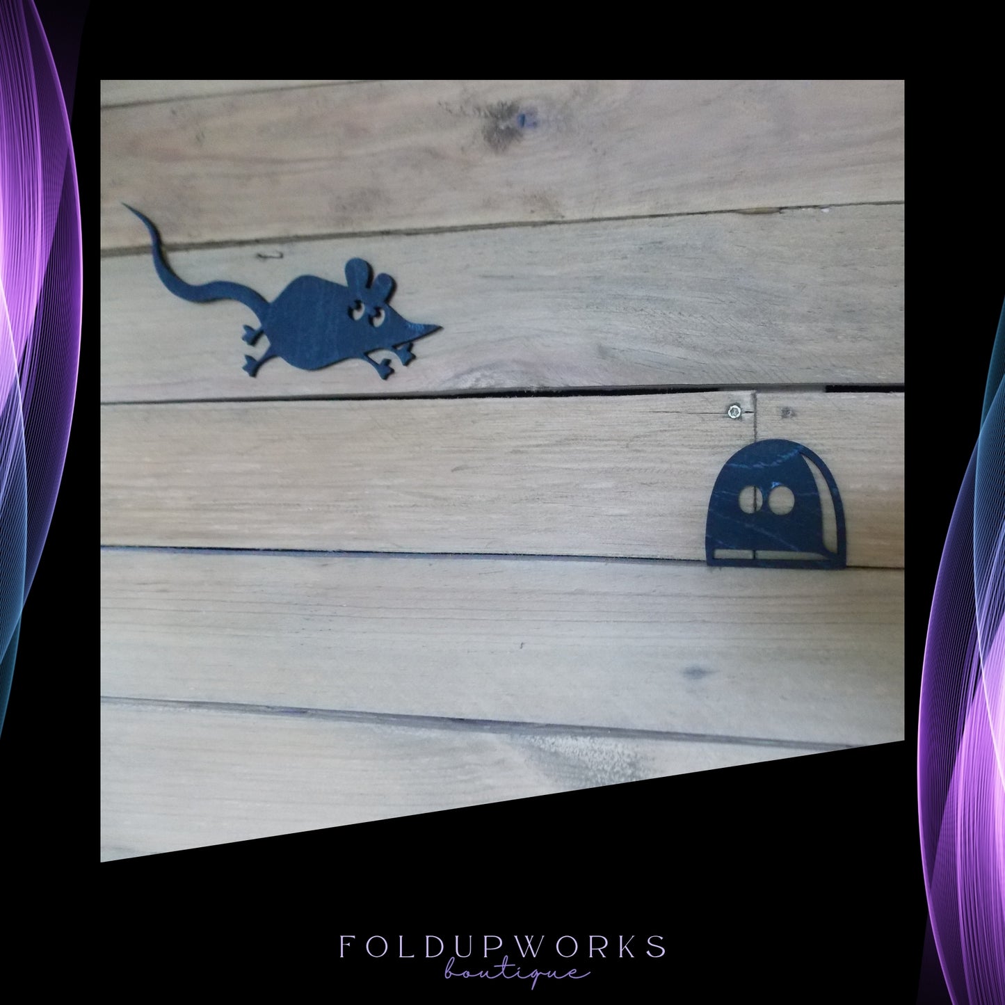 Whimsical Cat & Mouse Wall Art – Black Plywood Cutout Set | Cat Chasing Mouse into Hole | Fun Home Decor | Self-Paint Option Available