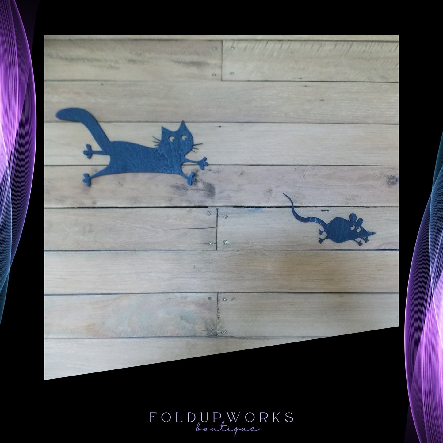 Whimsical Cat & Mouse Wall Art – Black Plywood Cutout Set | Cat Chasing Mouse into Hole | Fun Home Decor | Self-Paint Option Available