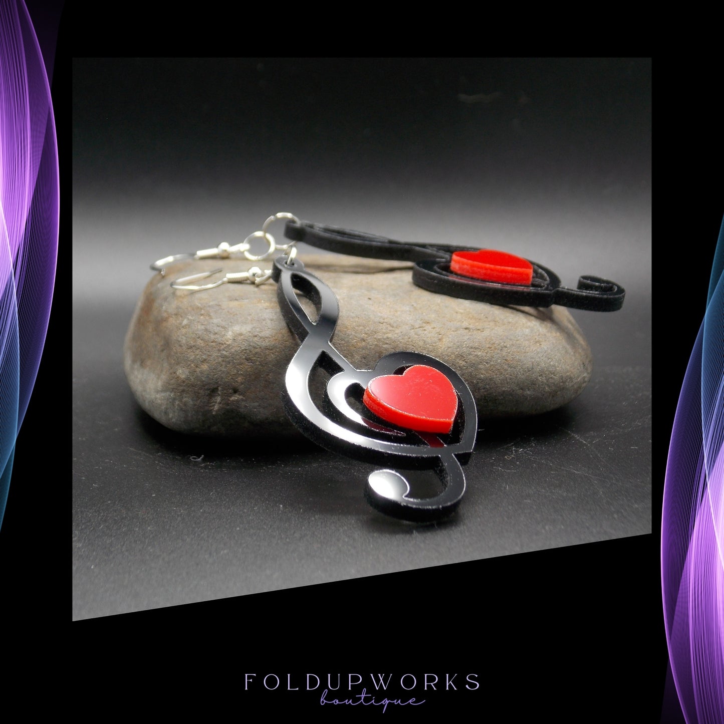 Treble Clef & Heart Earrings – Music Lover Gift, Black and Red Statement Jewelry