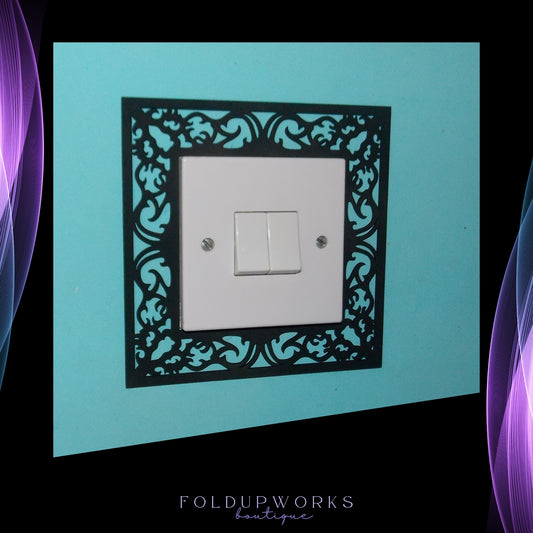 Gothic Light Switch Surround Frame – UK Standard – Decorative Overlay – Black, Oiled, or Paint-Ready – lightswitch trim fit size 87mm x 87mm