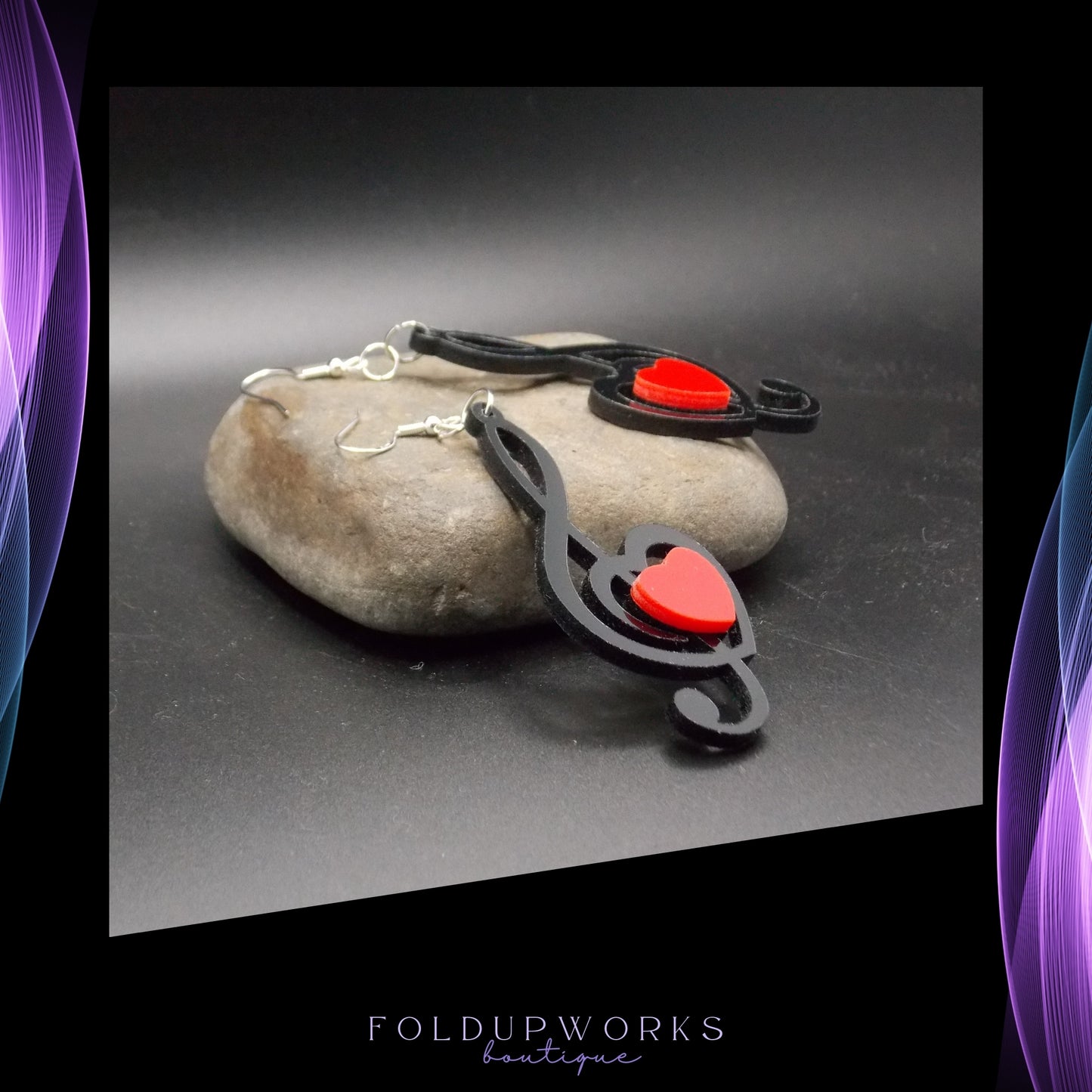 Treble Clef & Heart Earrings – Music Lover Gift, Black and Red Statement Jewelry