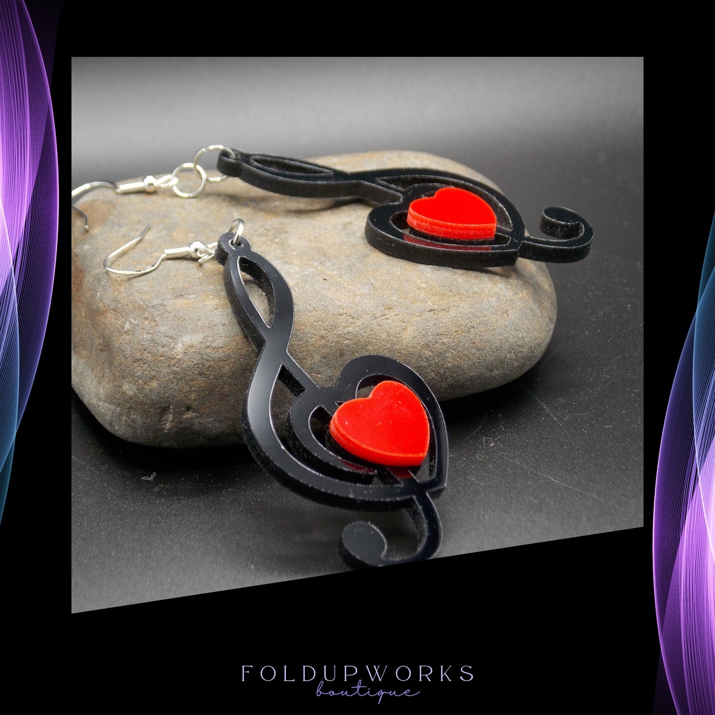 Treble Clef & Heart Earrings – Music Lover Gift, Black and Red Statement Jewelry