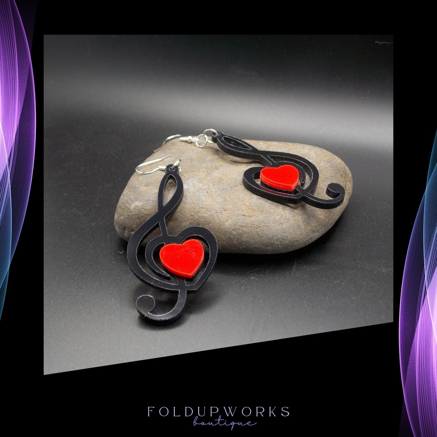 Treble Clef & Heart Earrings – Music Lover Gift, Black and Red Statement Jewelry