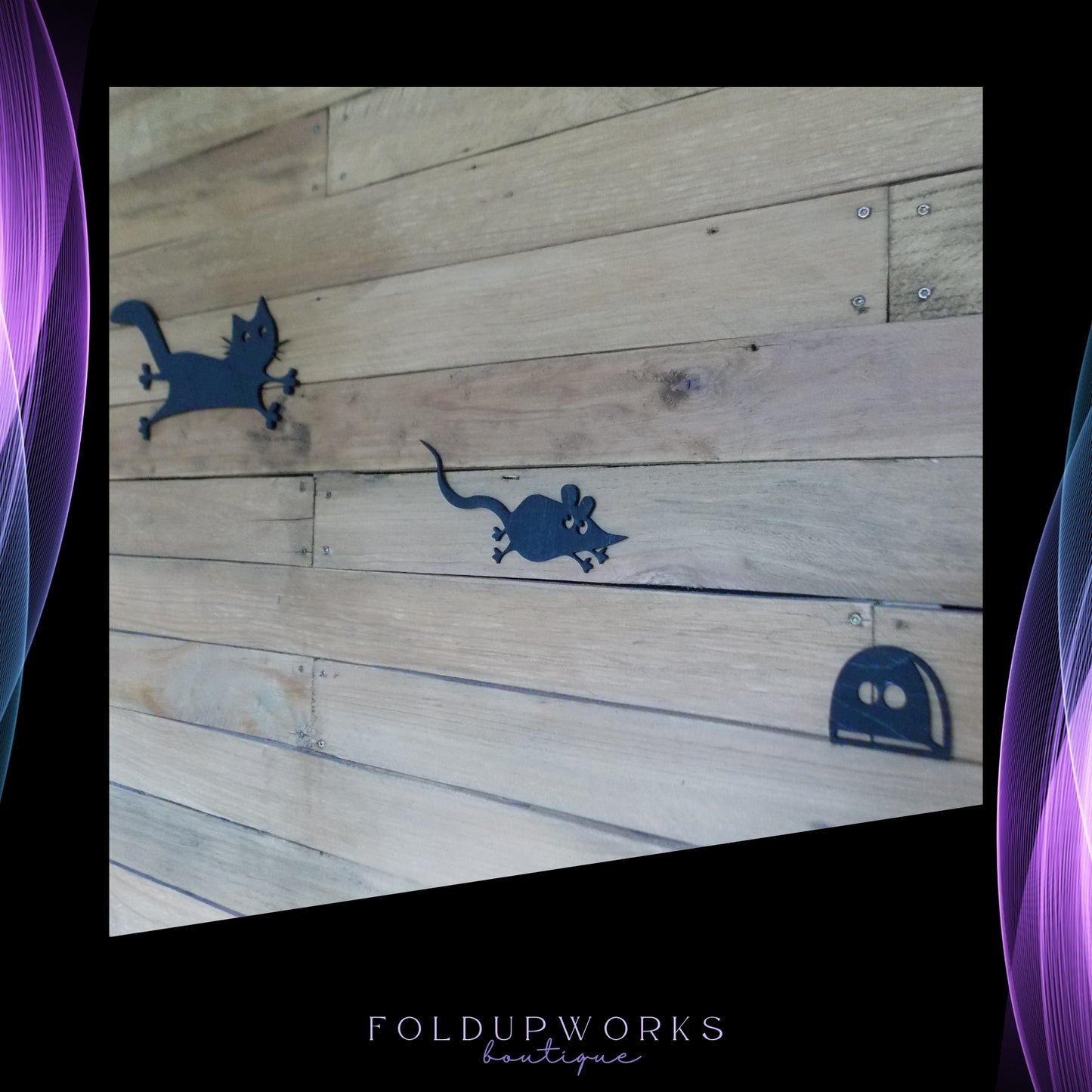 Whimsical Cat & Mouse Wall Art – Black Plywood Cutout Set | Cat Chasing Mouse into Hole | Fun Home Decor | Self-Paint Option Available