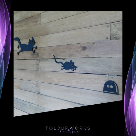 Whimsical Cat & Mouse Wall Art – Black Plywood Cutout Set | Cat Chasing Mouse into Hole | Fun Home Decor | Self-Paint Option Available