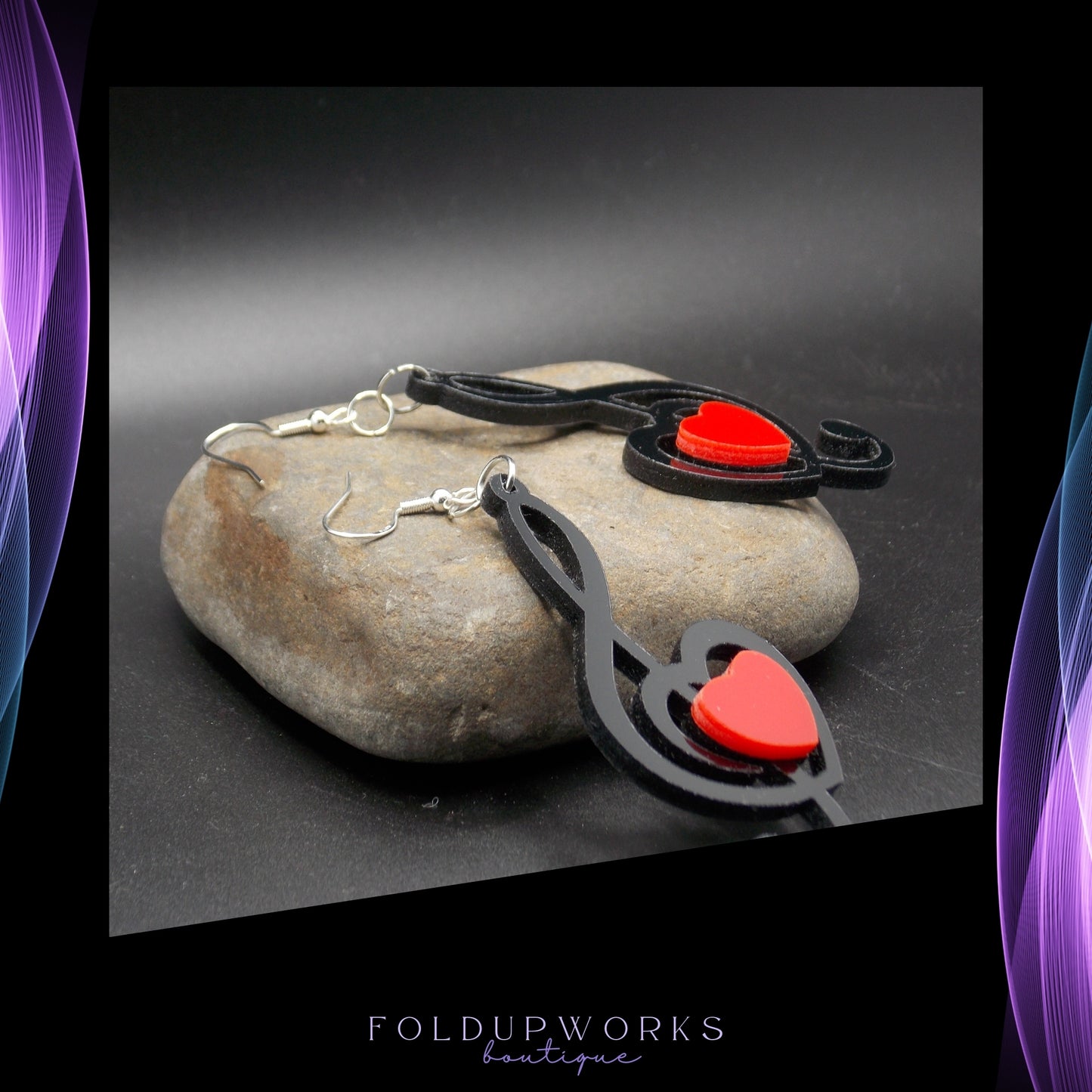 Treble Clef & Heart Earrings – Music Lover Gift, Black and Red Statement Jewelry