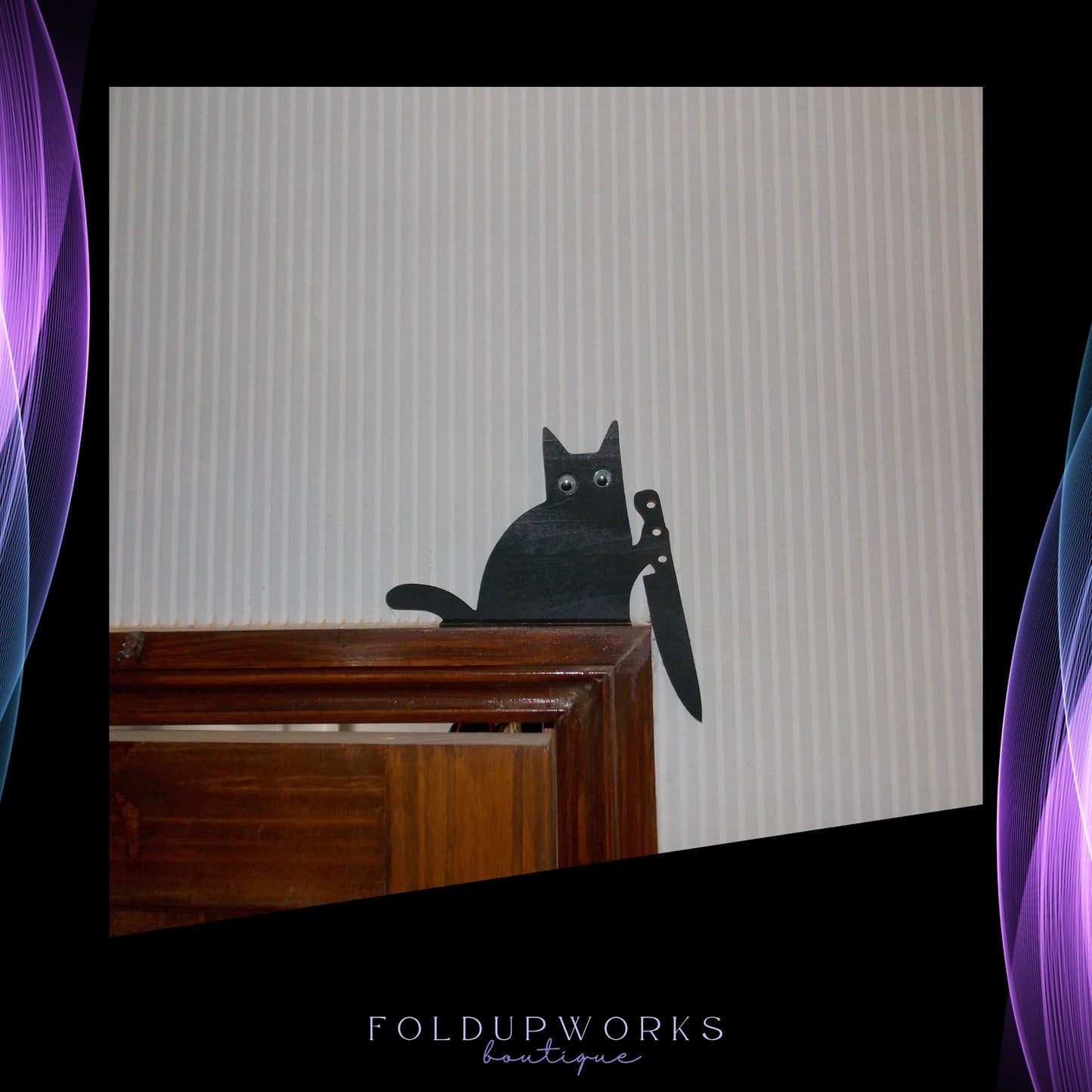 Playful Knife Cat Shelf Sitter – Gothic Wood Cat Decor – Black Cat Halloween Decoration – Spooky Home Accent - Glow in the Dark Eyes