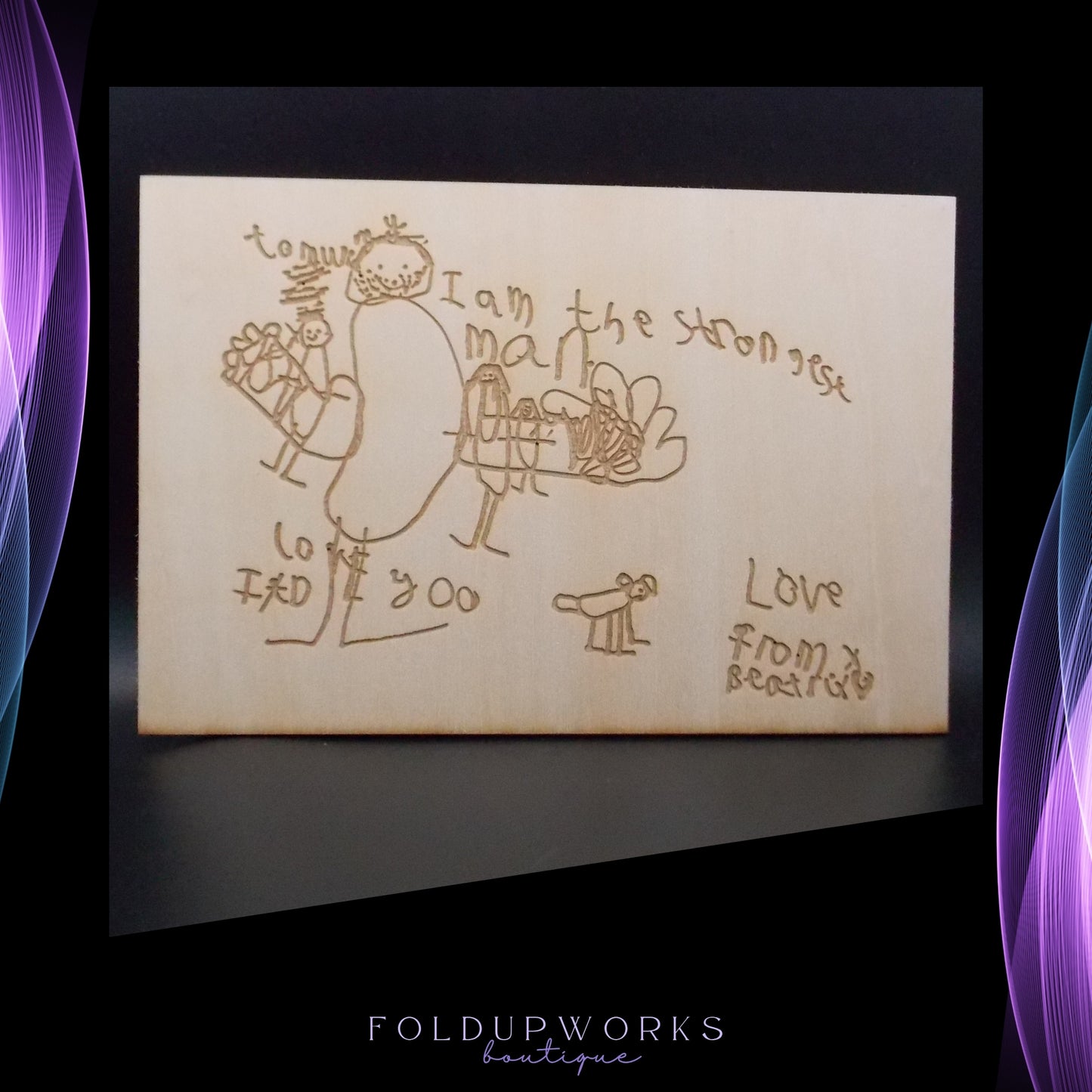 Custom Child’s Drawing Laser Engraving on Beech Plywood – Personalised Gift for Mum, Dad, Mother's Day or Father's Day
