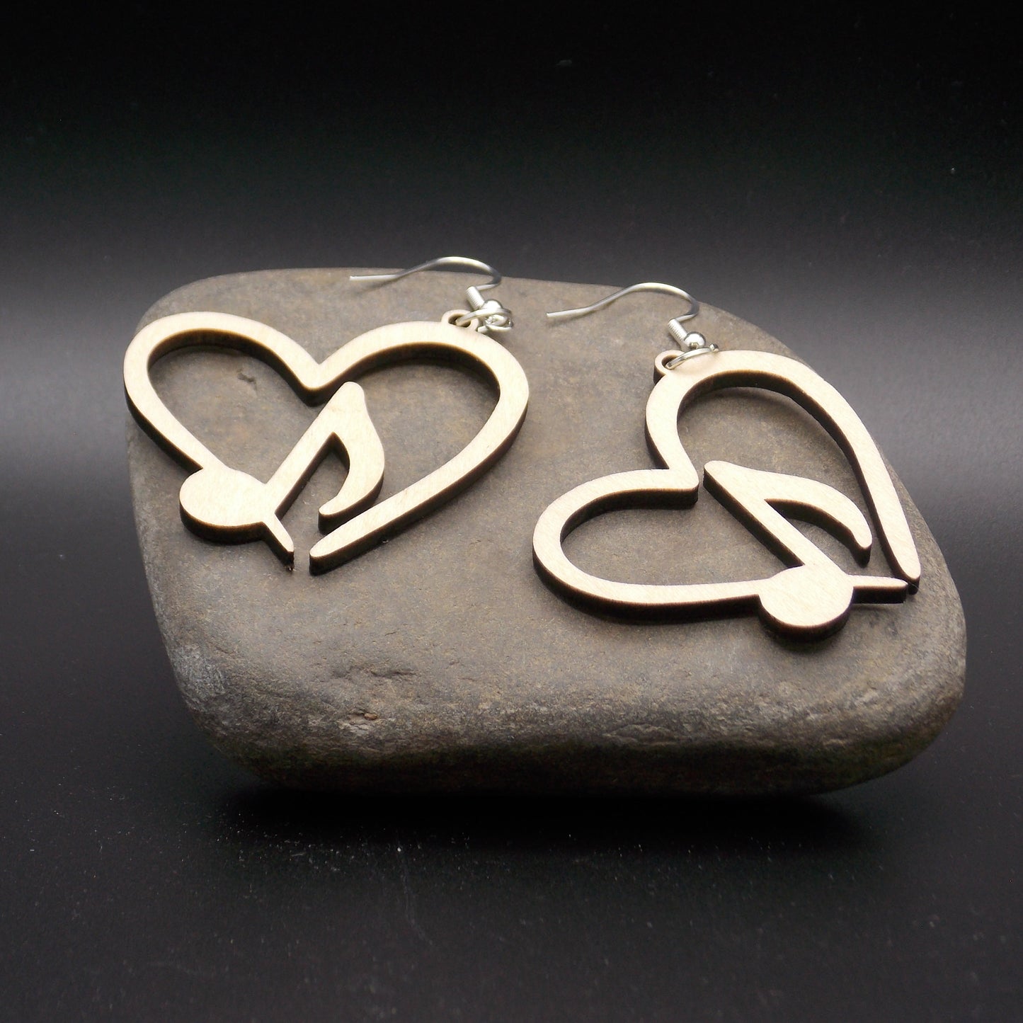 Heart & Music Note Wooden Earrings – Laser-Cut Musical Jewelry with Sterling Silver Hooks