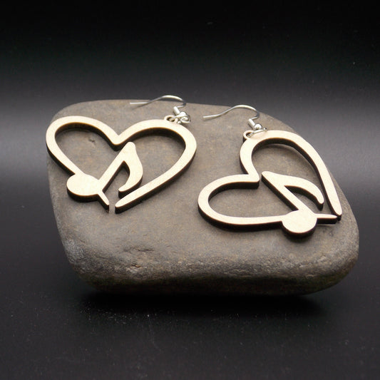 Heart & Music Note Wooden Earrings – Laser-Cut Musical Jewelry with Sterling Silver Hooks