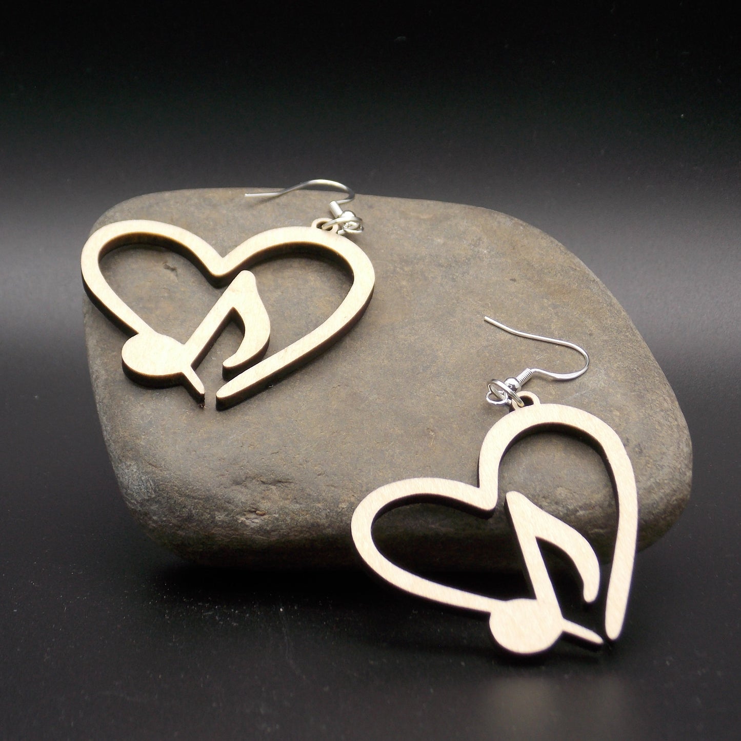 Heart & Music Note Wooden Earrings – Laser-Cut Musical Jewelry with Sterling Silver Hooks