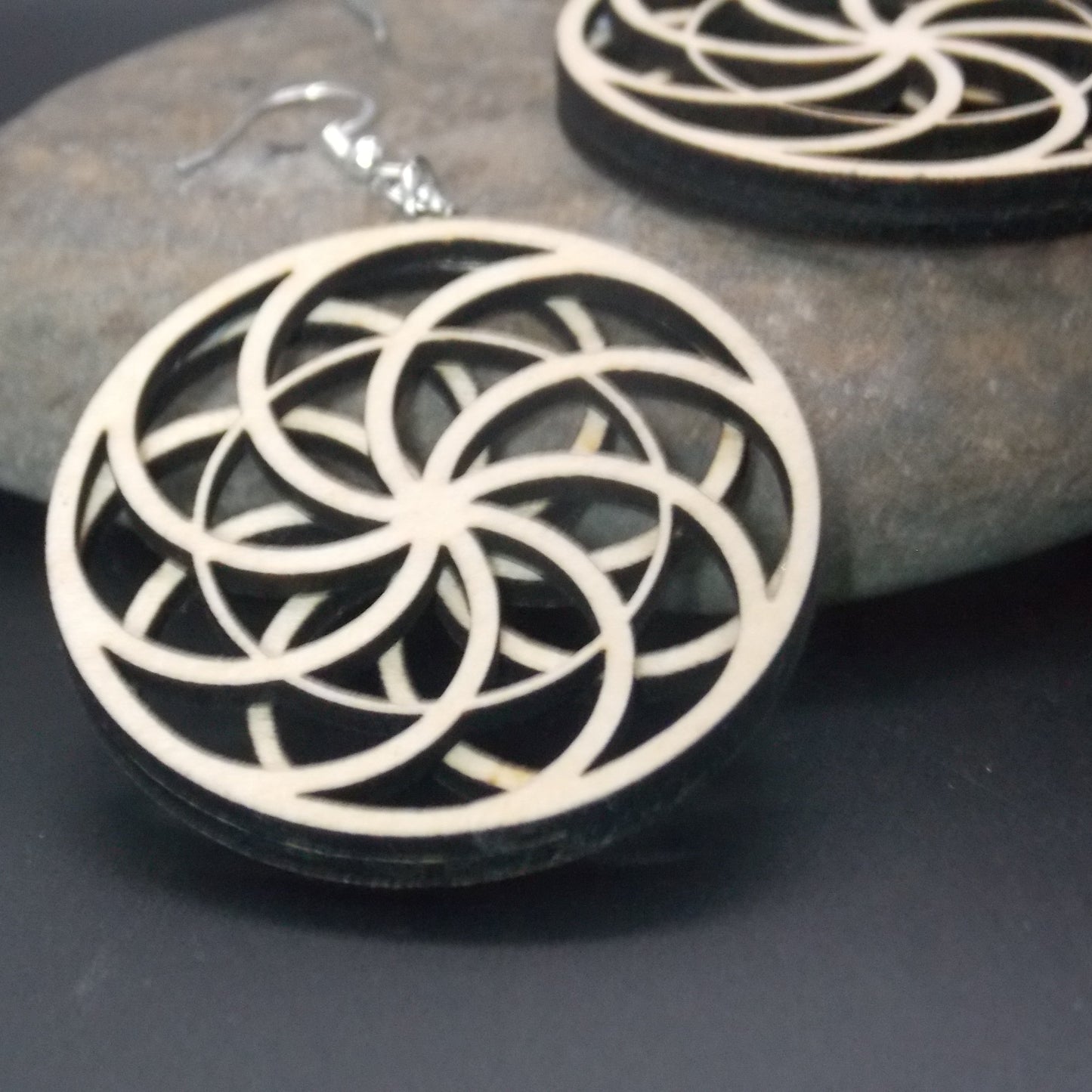 Wood Earrings – Reversible Flower Illusion Design