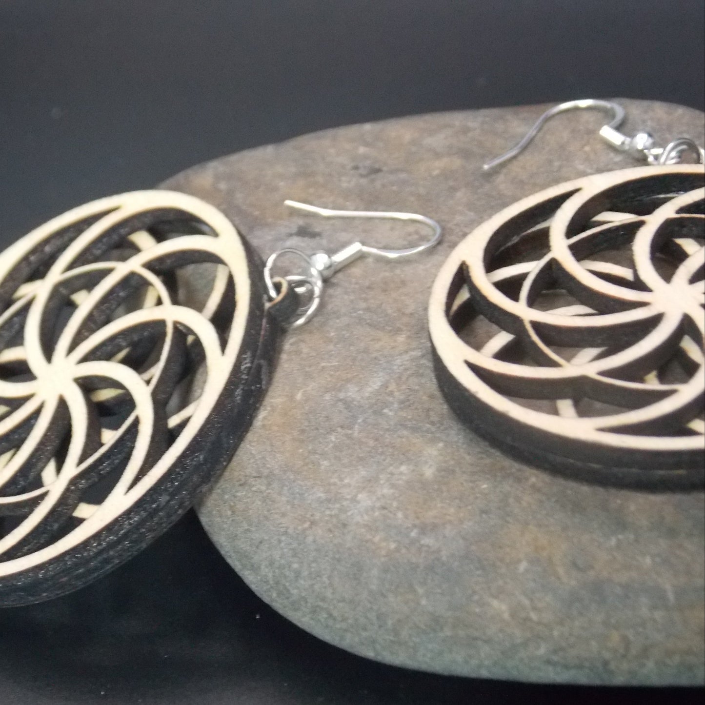 Wood Earrings – Reversible Flower Illusion Design