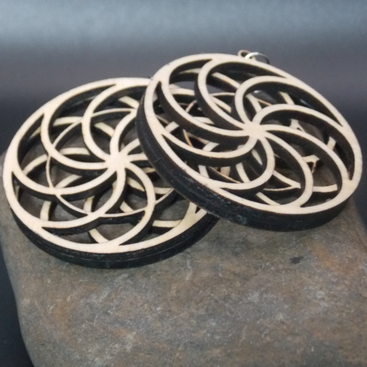 Wood Earrings – Reversible Flower Illusion Design
