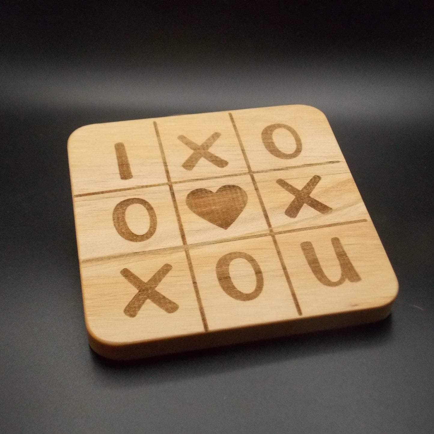 "I Heart U" Wooden Tic Tac Toe Coaster – Romantic Gift, Anniversary