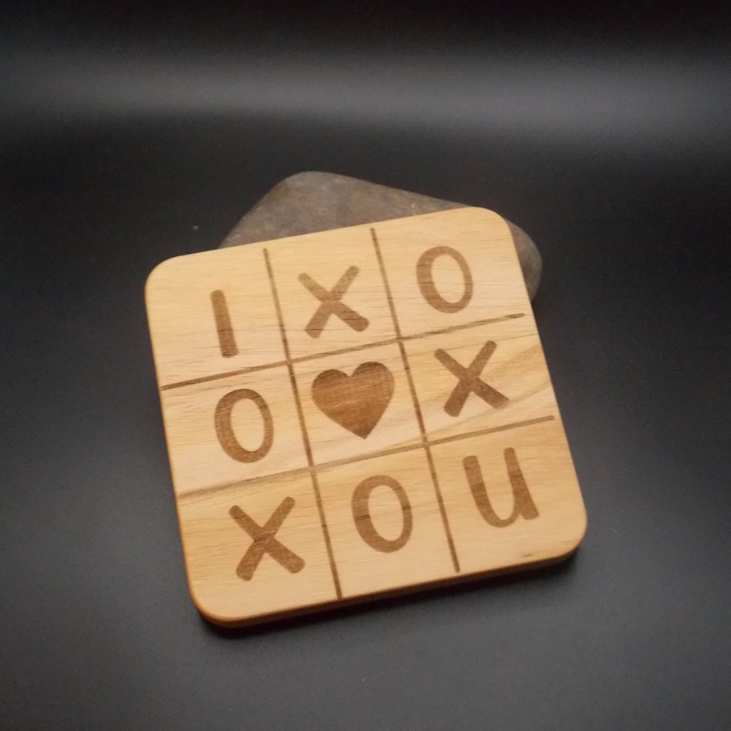 "I Heart U" Wooden Tic Tac Toe Coaster – Romantic Gift, Anniversary