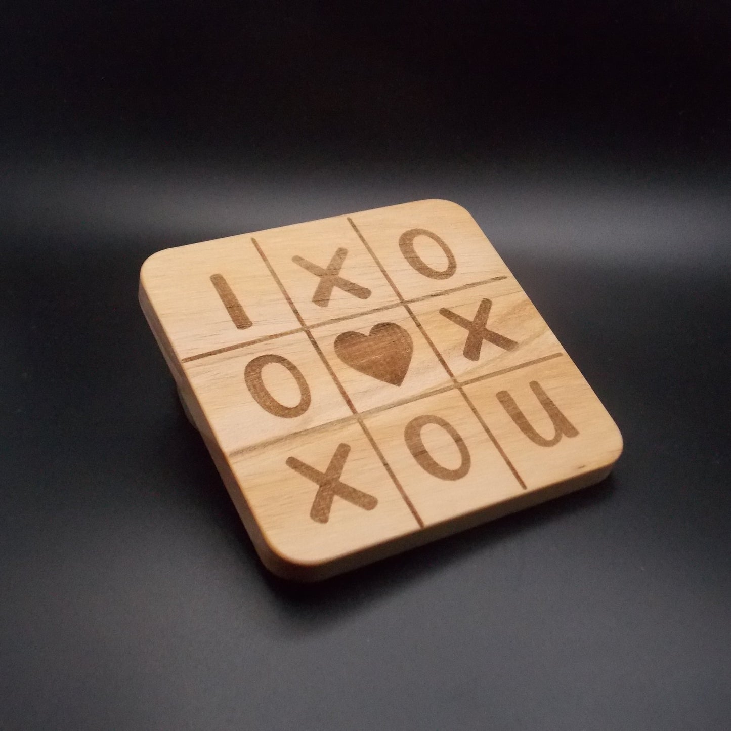"I Heart U" Wooden Tic Tac Toe Coaster – Romantic Gift, Anniversary