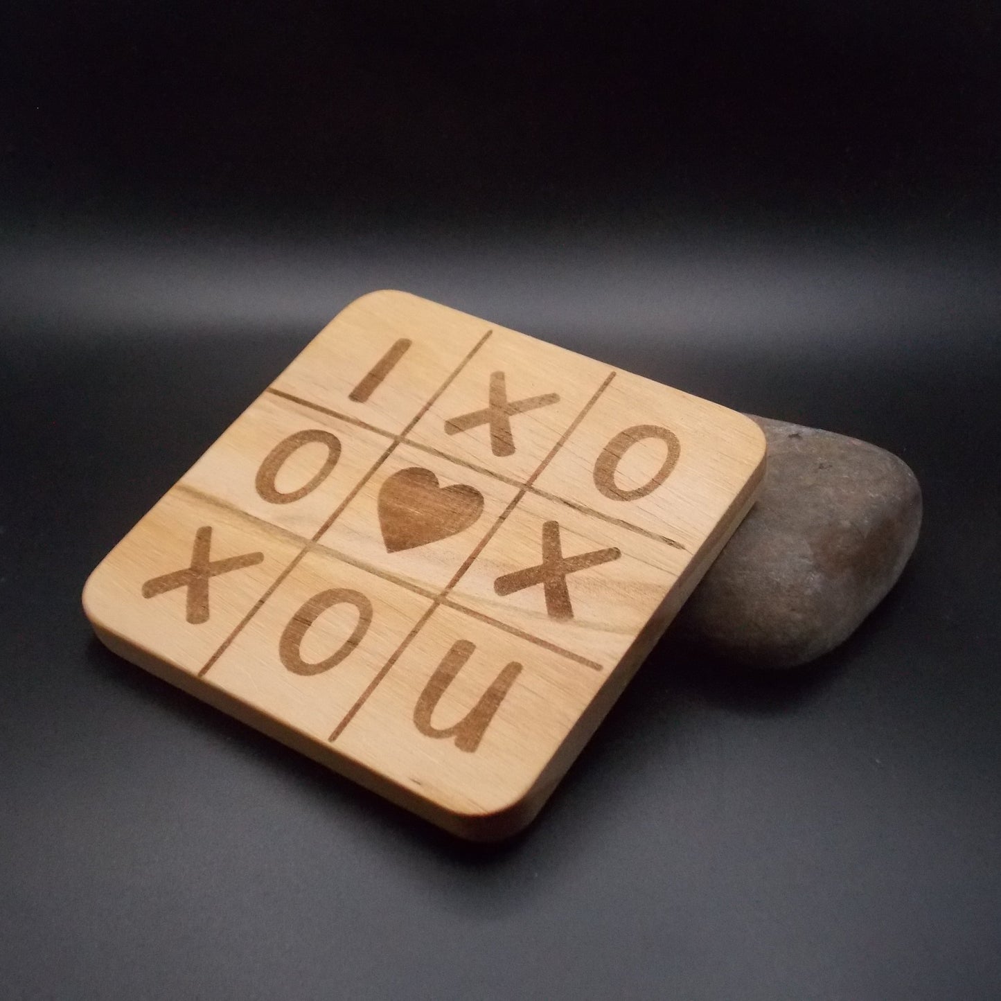 "I Heart U" Wooden Tic Tac Toe Coaster – Romantic Gift, Anniversary