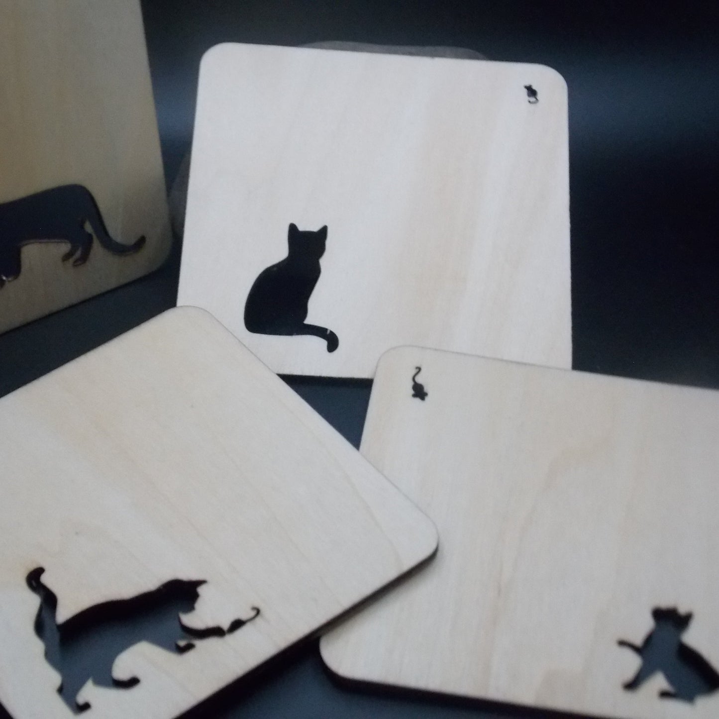 Set of 4 Wooden Coasters with Cute Cat and Mouse Silhouettes