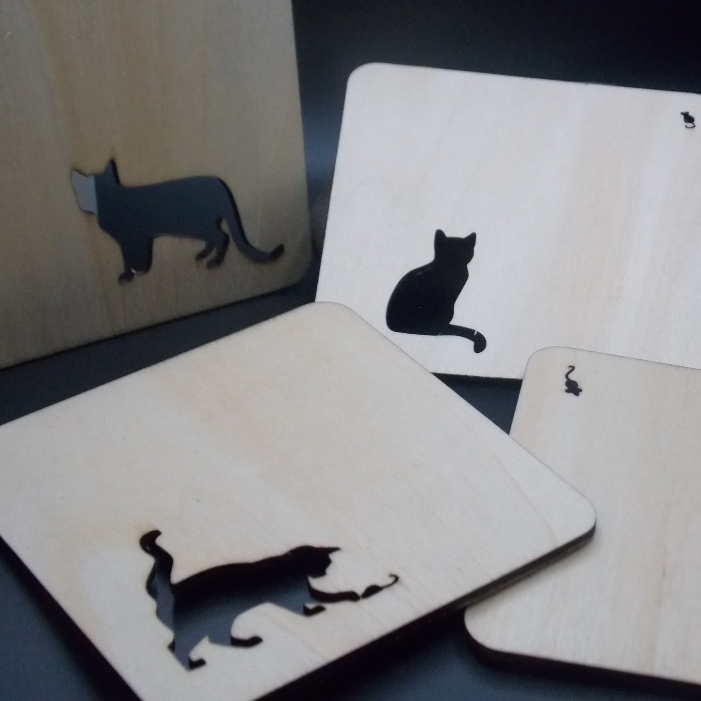 Set of 4 Wooden Coasters with Cute Cat and Mouse Silhouettes