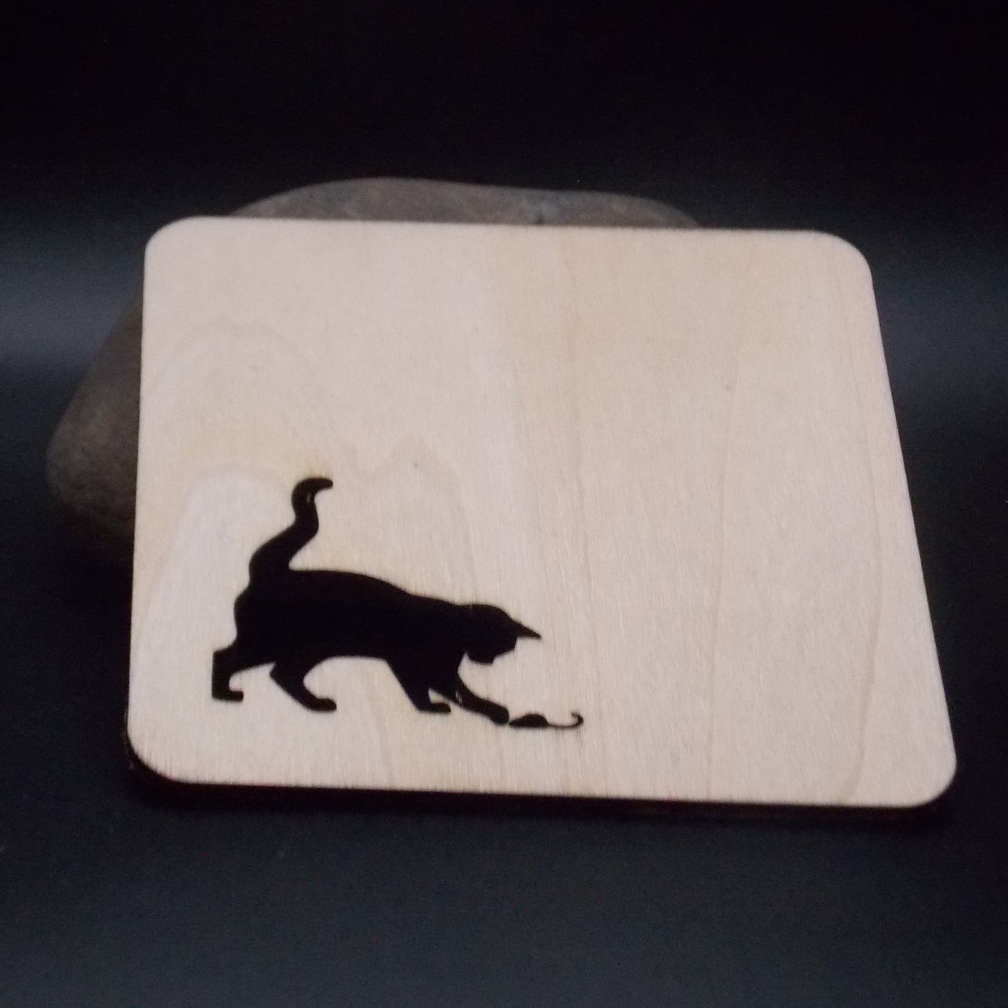 Set of 4 Wooden Coasters with Cute Cat and Mouse Silhouettes