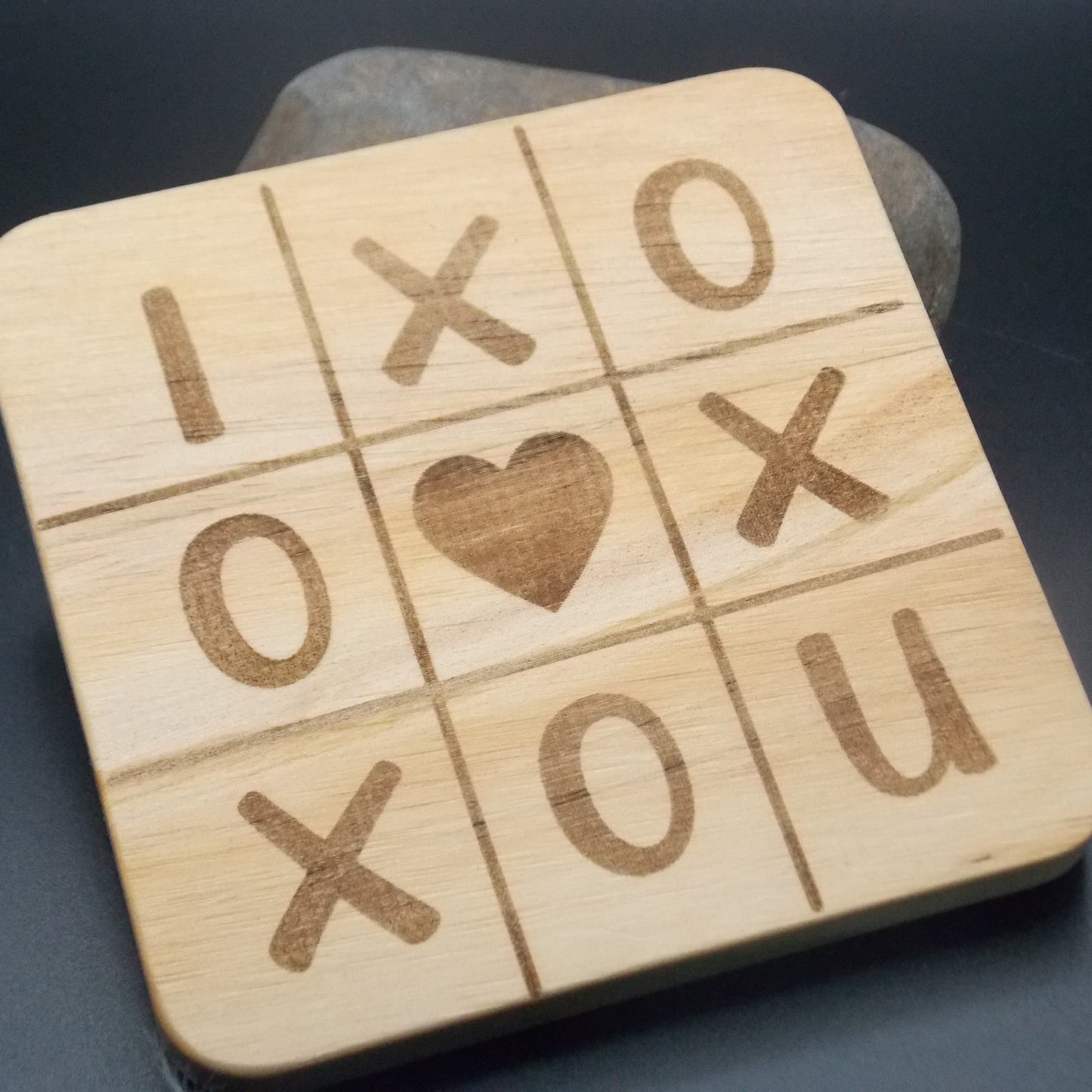 "I Heart U" Wooden Tic Tac Toe Coaster – Romantic Gift, Anniversary