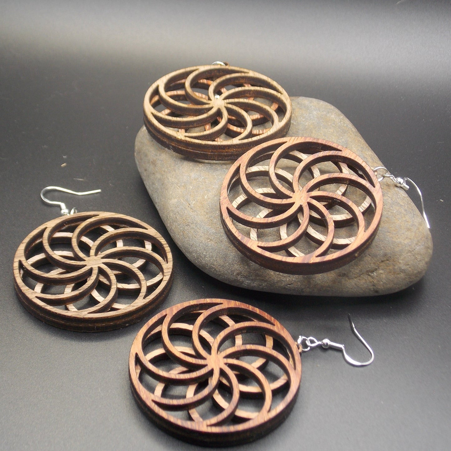 Wooden Flower Styled Earrings – Layered Swirl Illusion Design
