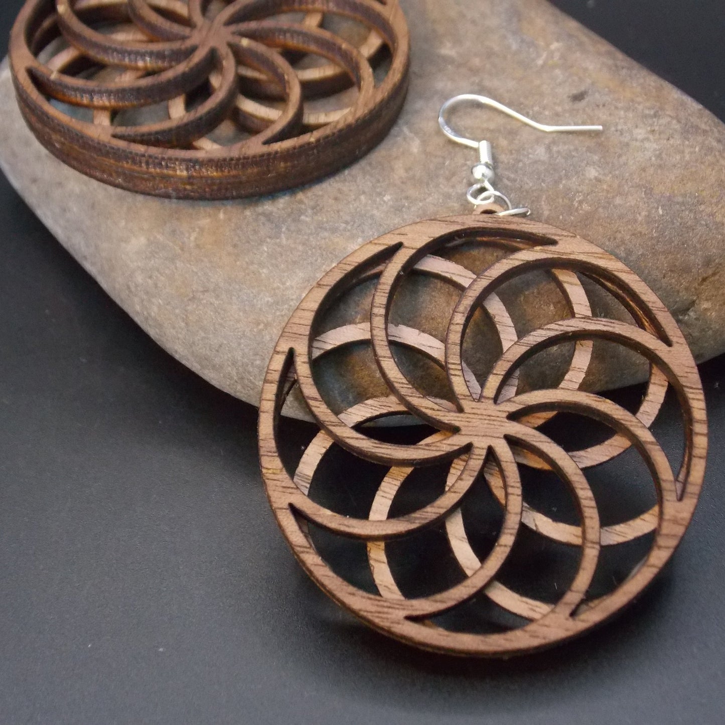 Wooden Flower Styled Earrings – Layered Swirl Illusion Design