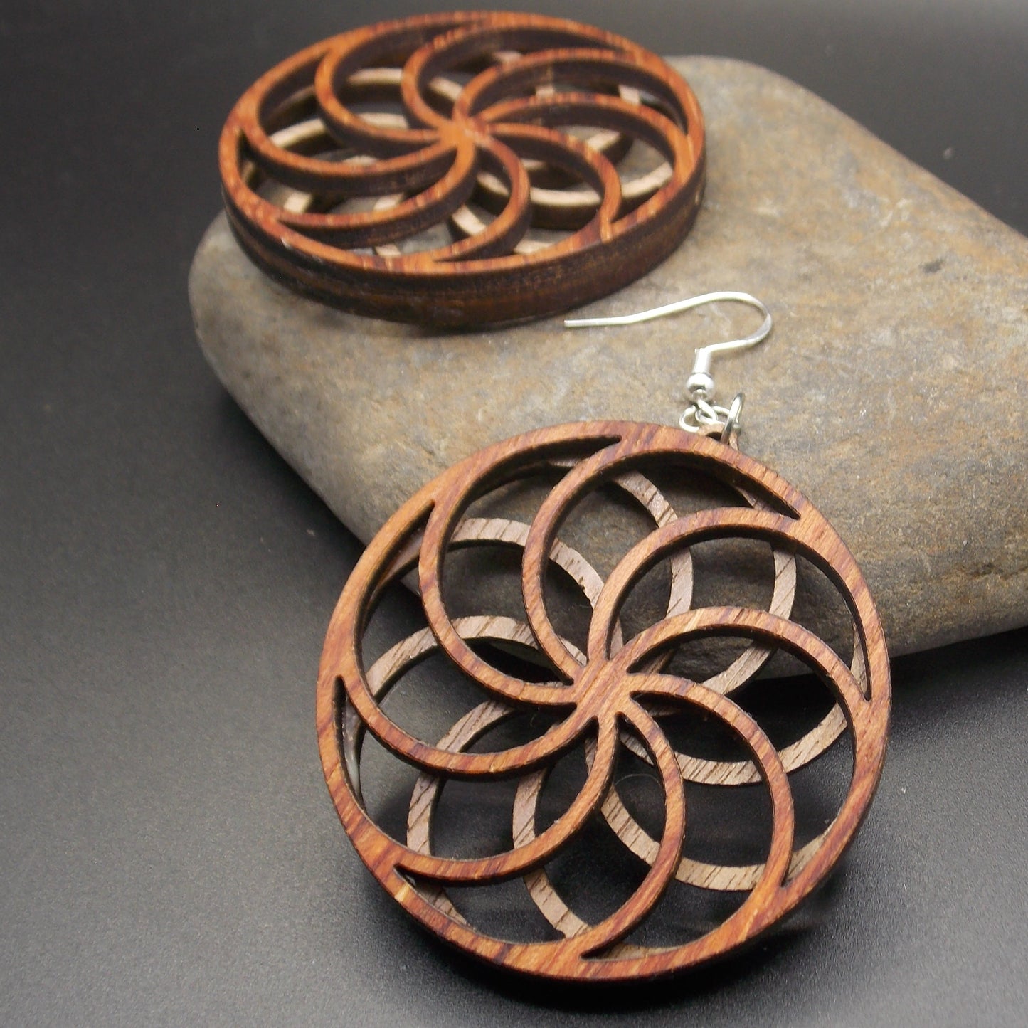 Wooden Flower Styled Earrings – Layered Swirl Illusion Design