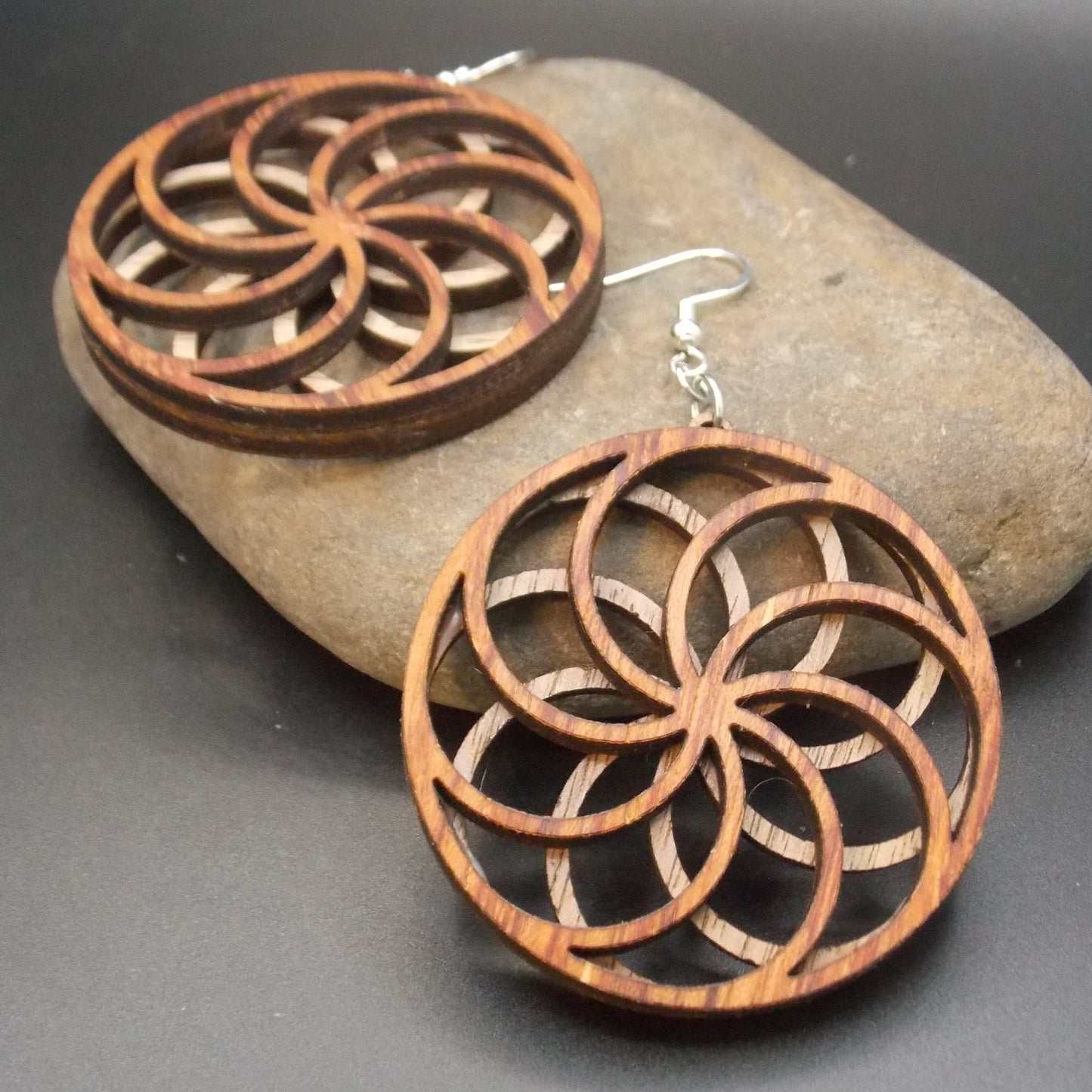 Wooden Flower Styled Earrings – Layered Swirl Illusion Design
