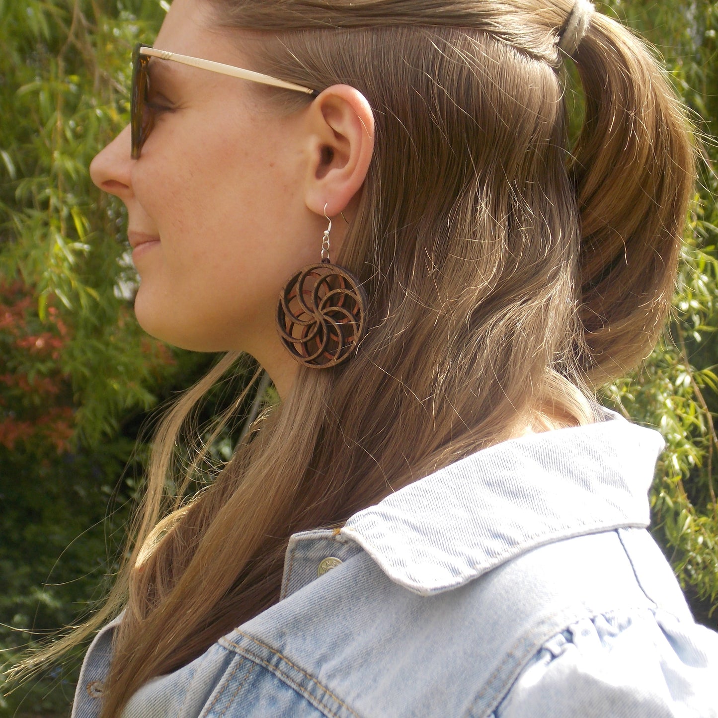 Wooden Flower Styled Earrings – Layered Swirl Illusion Design