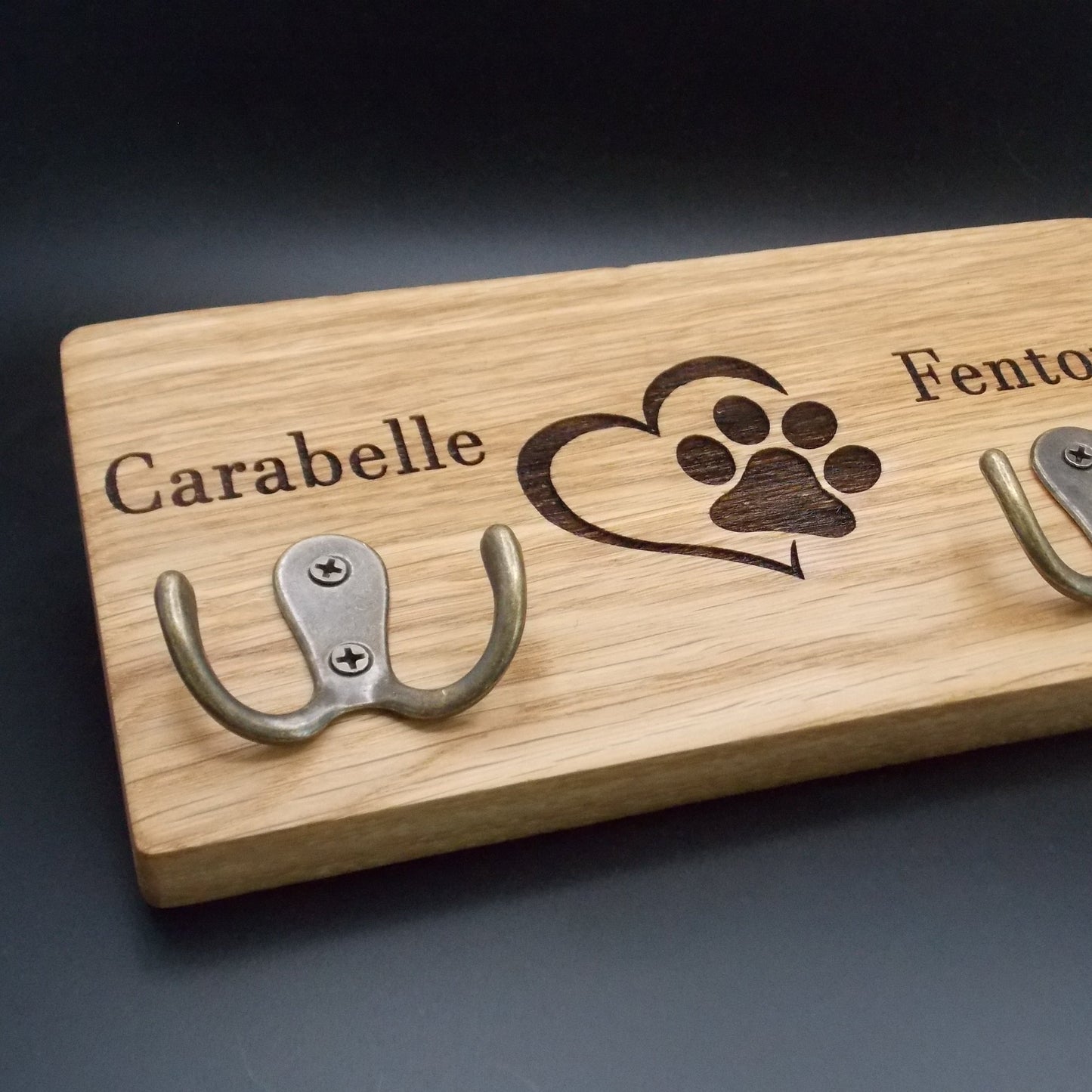 Double Personalised Oak Dog Lead Holder: Engraved Wall Mount with Antique Brass Hooks