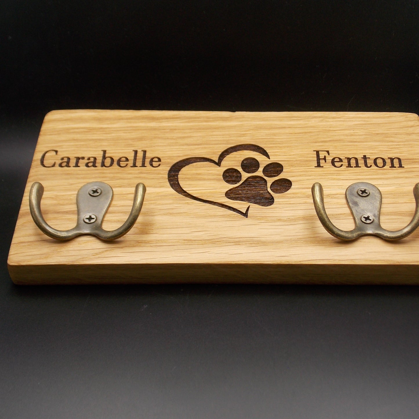 Double Personalised Oak Dog Lead Holder: Engraved Wall Mount with Antique Brass Hooks