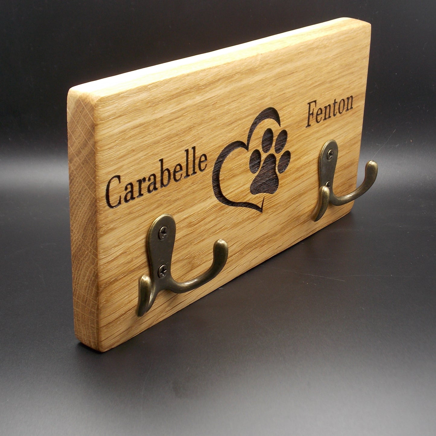 Double Personalised Oak Dog Lead Holder: Engraved Wall Mount with Antique Brass Hooks