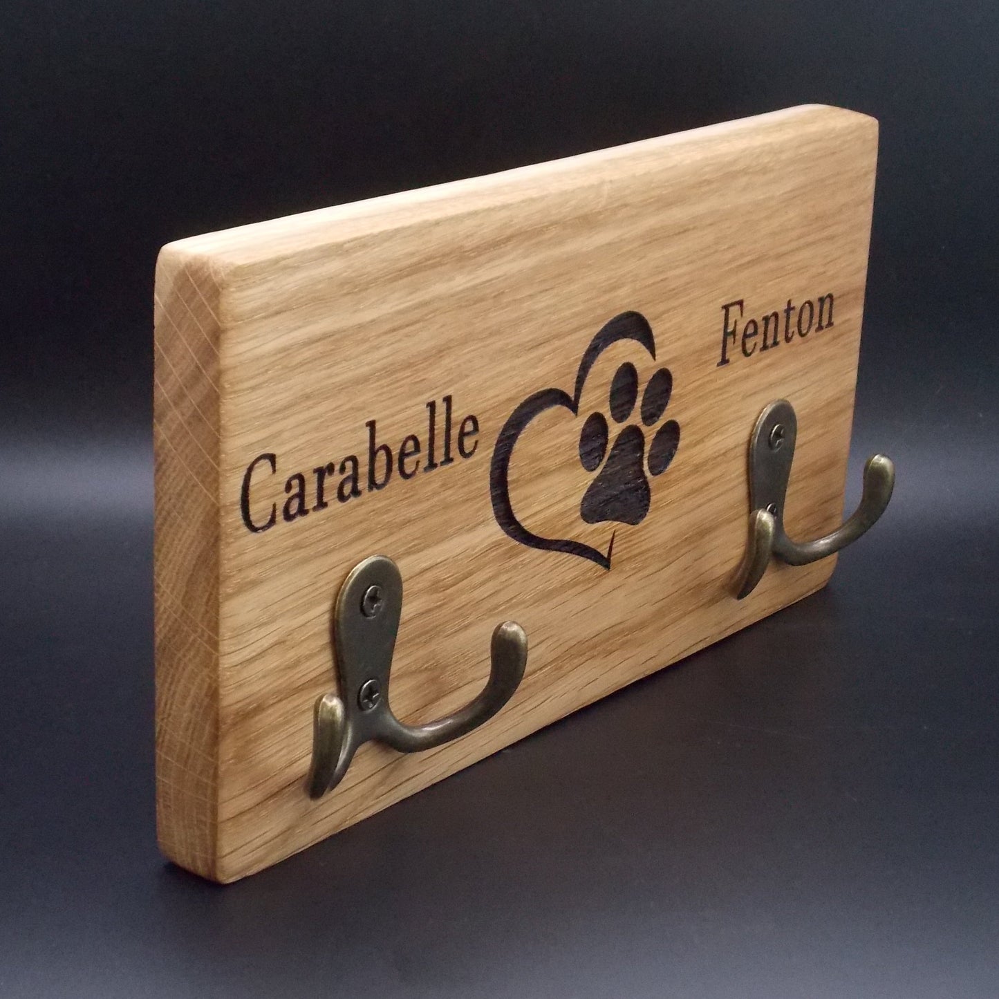 Double Personalised Oak Dog Lead Holder: Engraved Wall Mount with Antique Brass Hooks