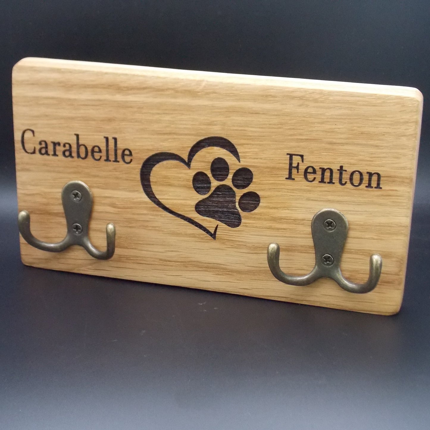 Double Personalised Oak Dog Lead Holder: Engraved Wall Mount with Antique Brass Hooks