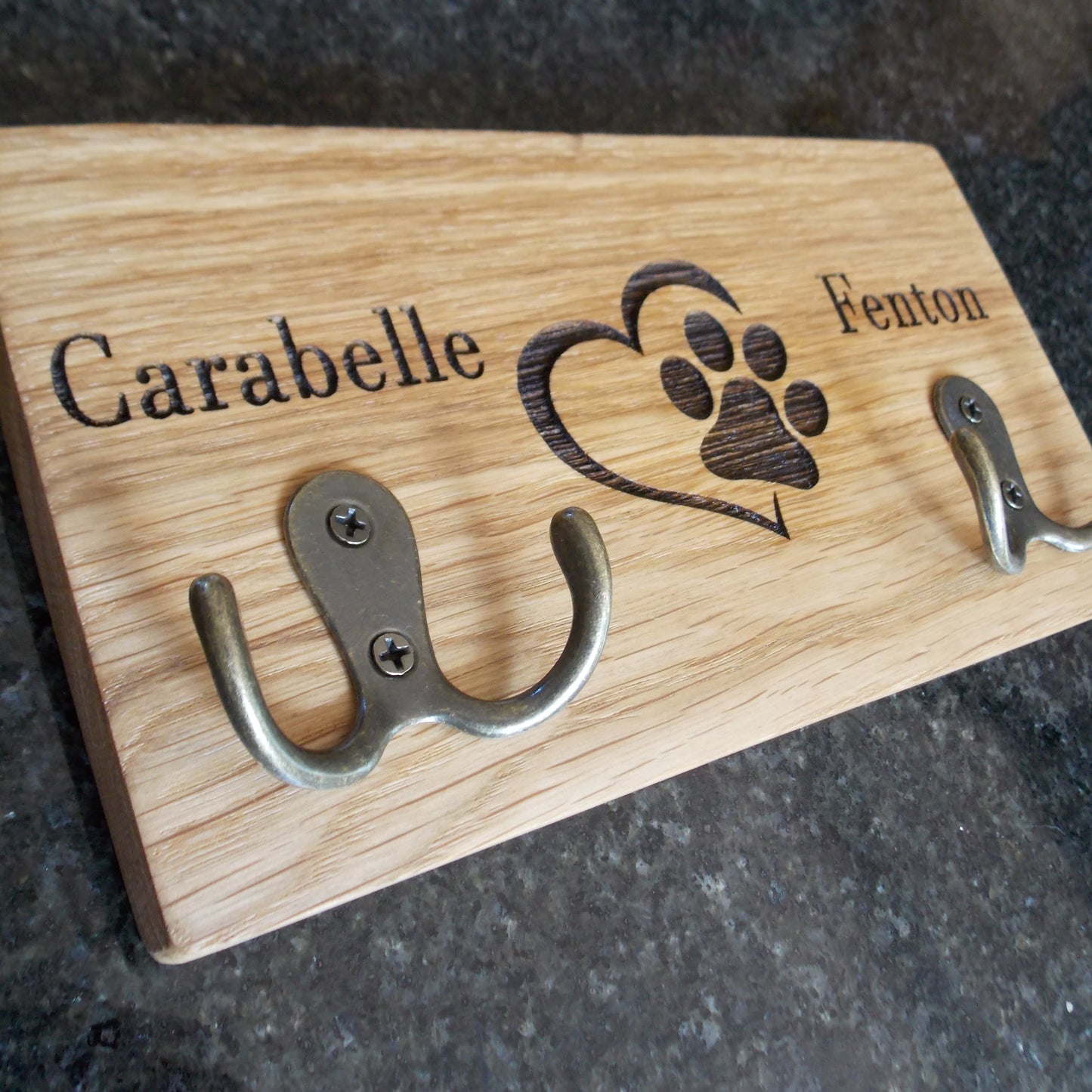 Double Personalised Oak Dog Lead Holder: Engraved Wall Mount with Antique Brass Hooks