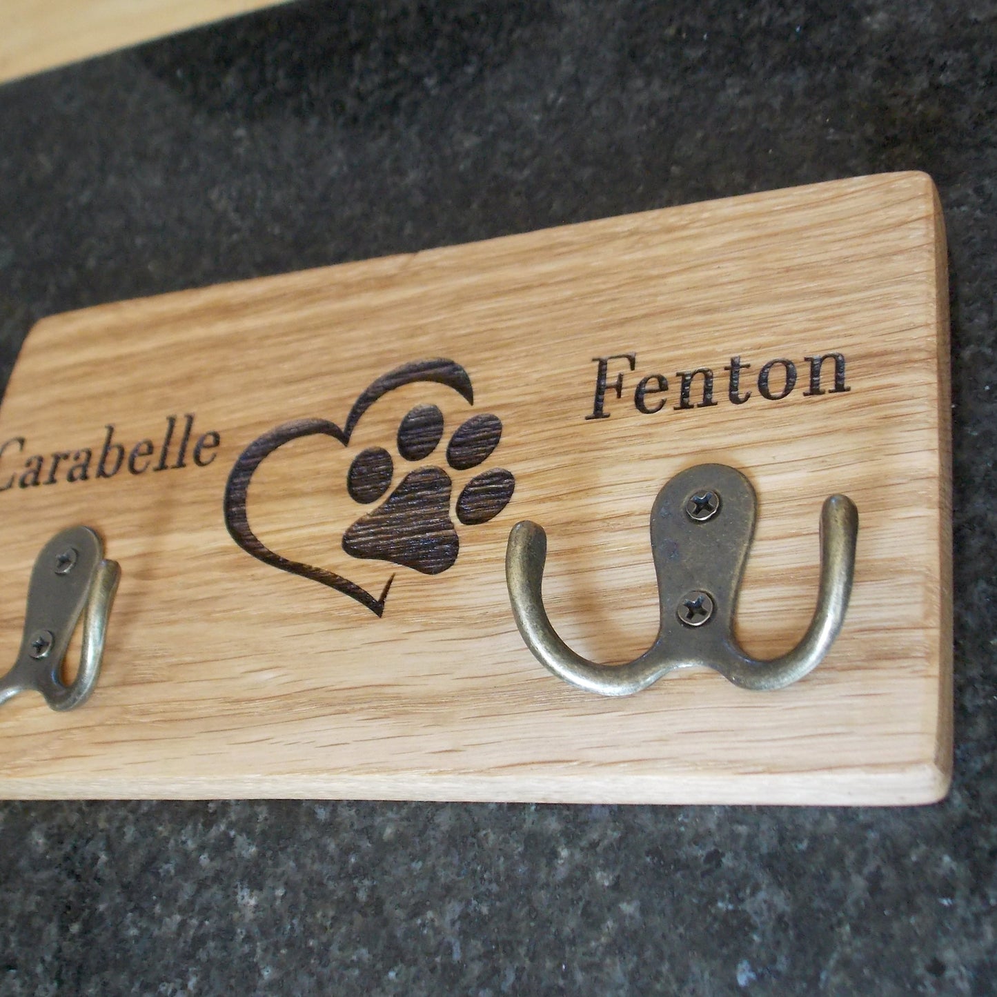 Double Personalised Oak Dog Lead Holder: Engraved Wall Mount with Antique Brass Hooks