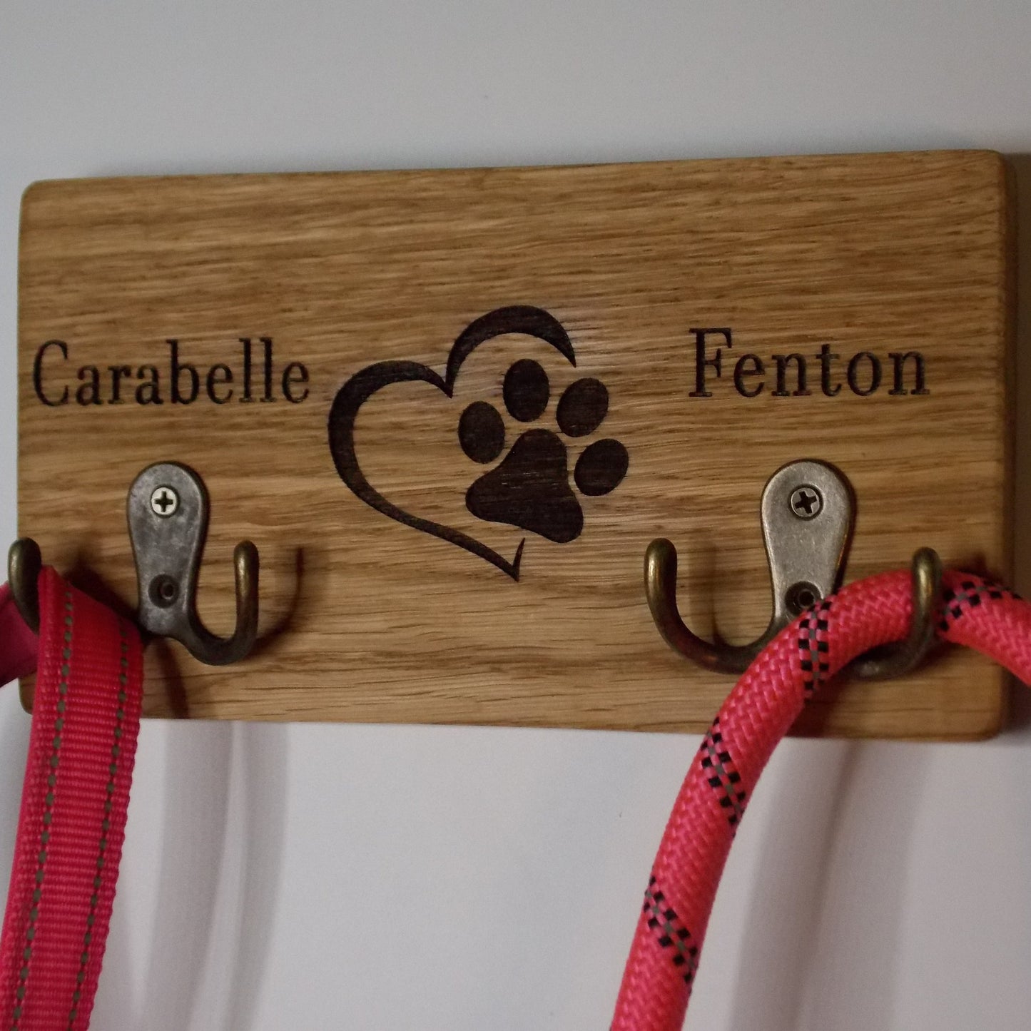 Double Personalised Oak Dog Lead Holder: Engraved Wall Mount with Antique Brass Hooks