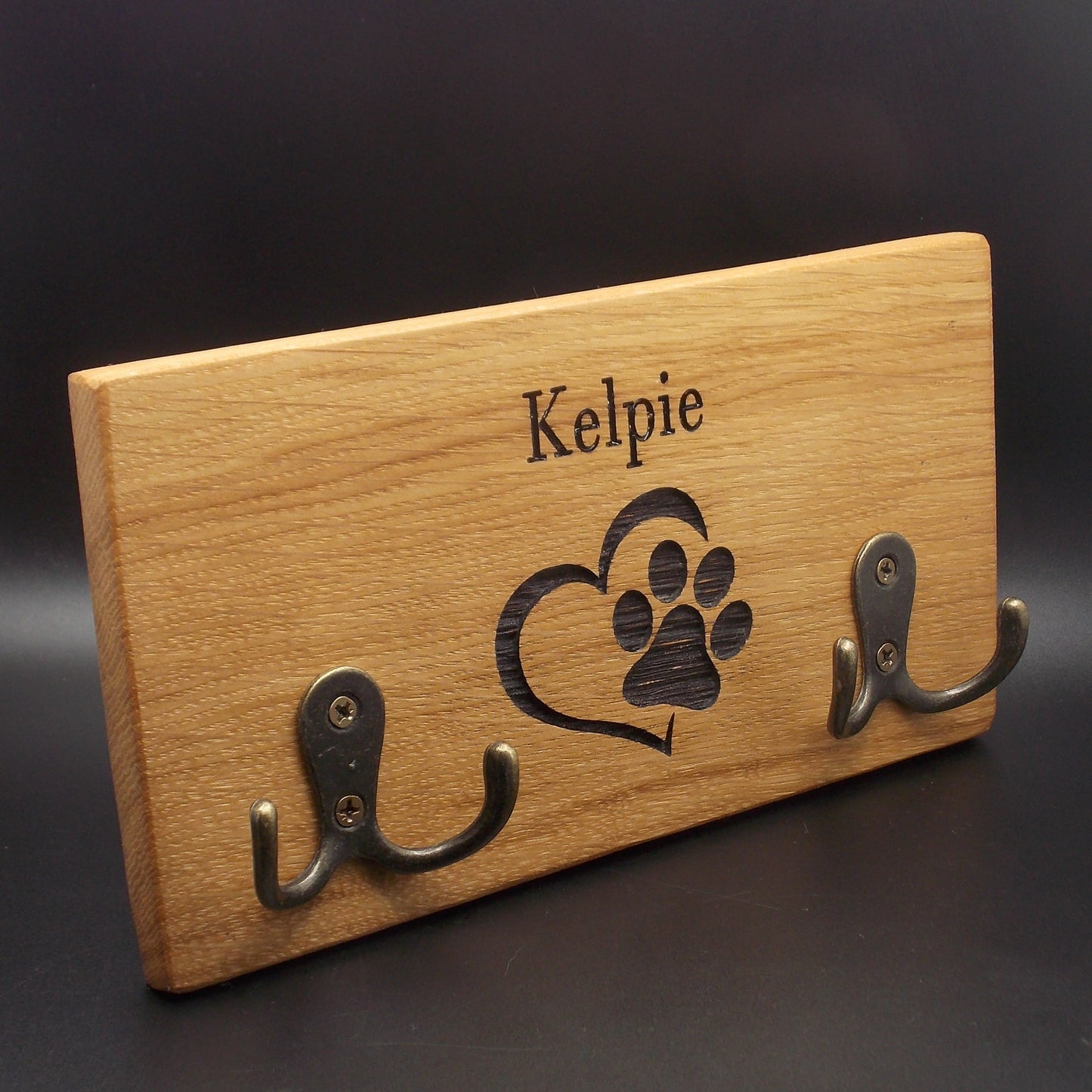 Personalised Oak Dog Lead Holder: Single Name Engraved with Brass Hooks